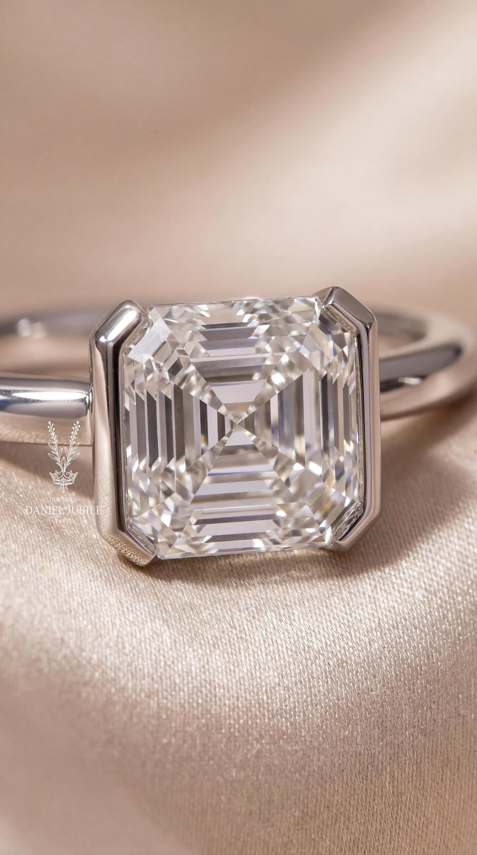2 Carat Asscher Cut Lab Diamond Engagement Ring - 14k White Gold Bezel Set