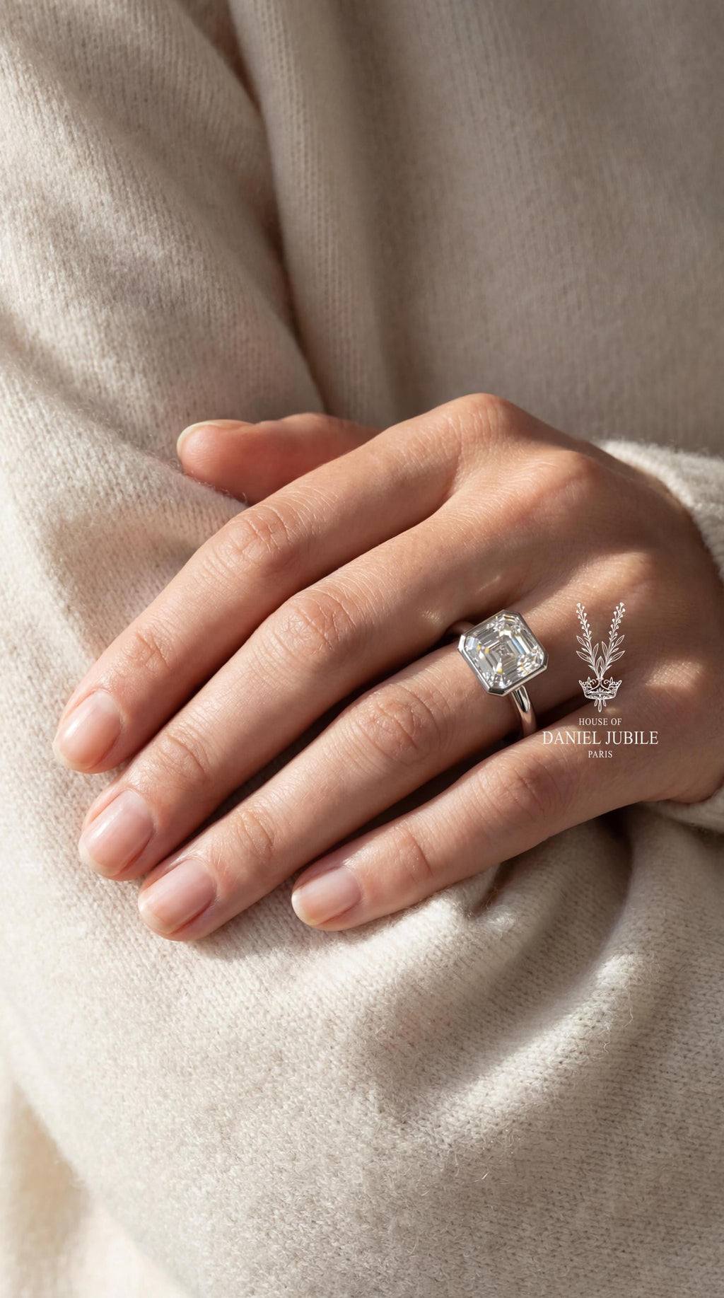 2 Carat Asscher Cut Lab Diamond Engagement Ring - 14k White Gold Bezel Set