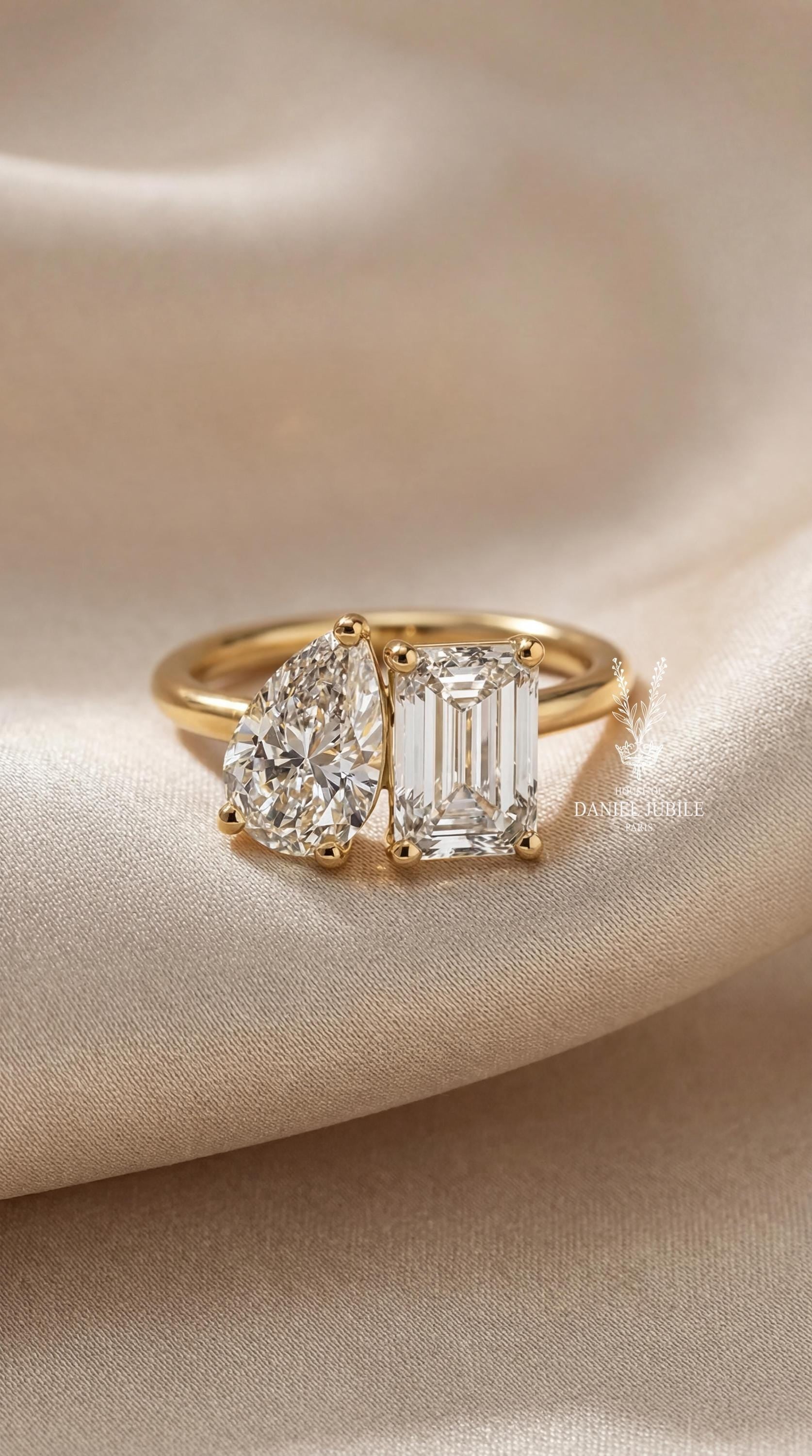 4ct Lab Grown Diamond Toi et Moi Ring – Pear & Emerald Cut, 14k Gold