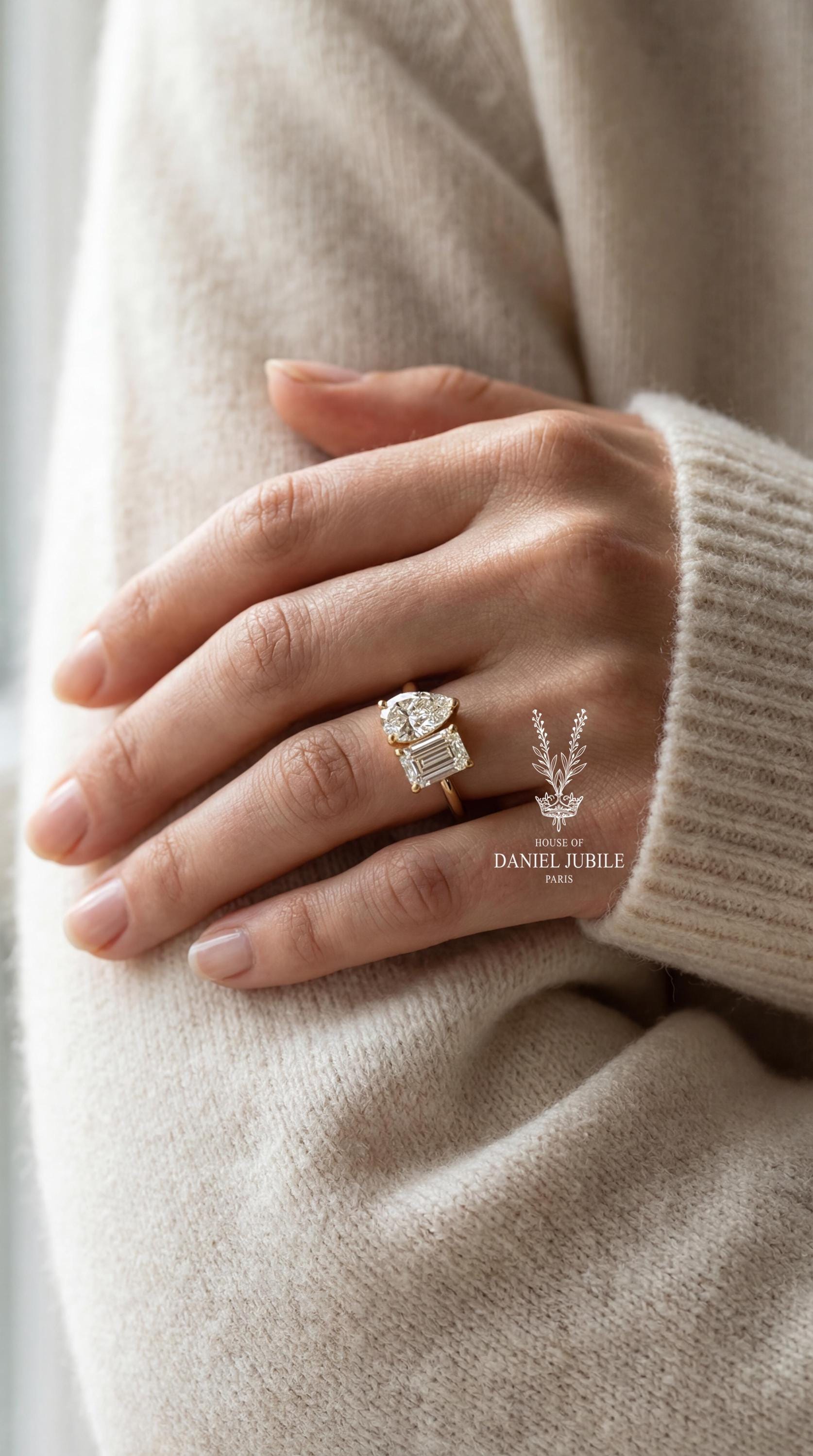 4ct Lab Grown Diamond Toi et Moi Ring – Pear & Emerald Cut, 14k Gold