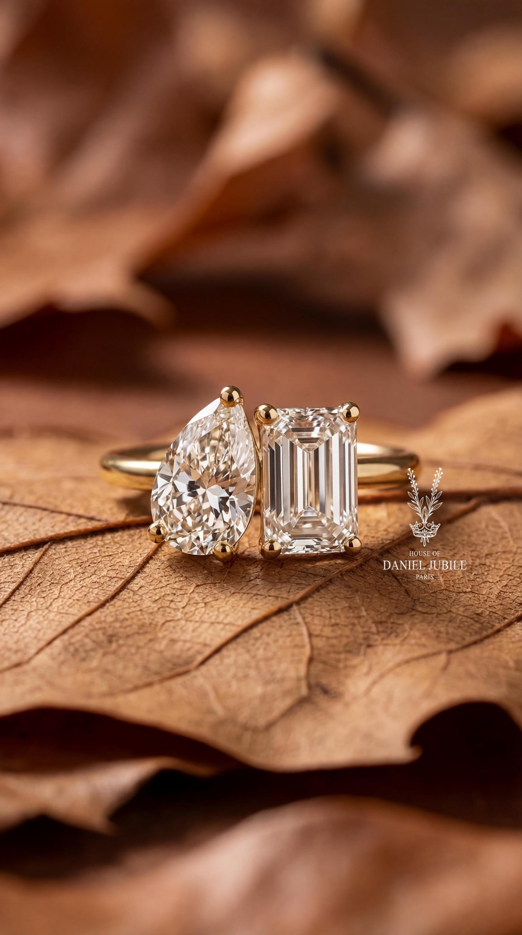 4ct Lab Grown Diamond Toi et Moi Ring – Pear & Emerald Cut, 14k Gold