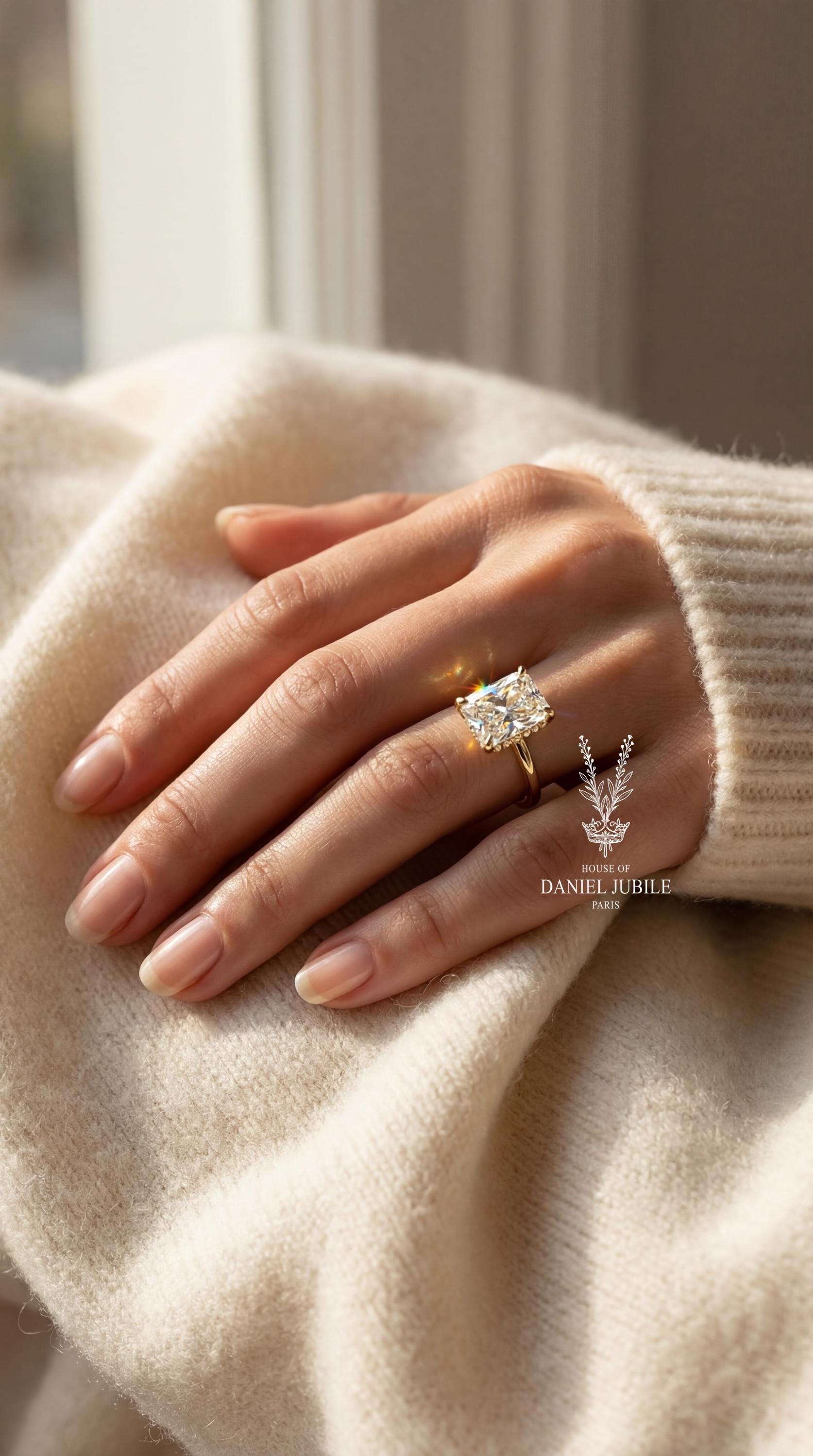 14k Gold Radiant Cut Lab Grown Engagement Diamond Ring – Hidden Halo Solitaire