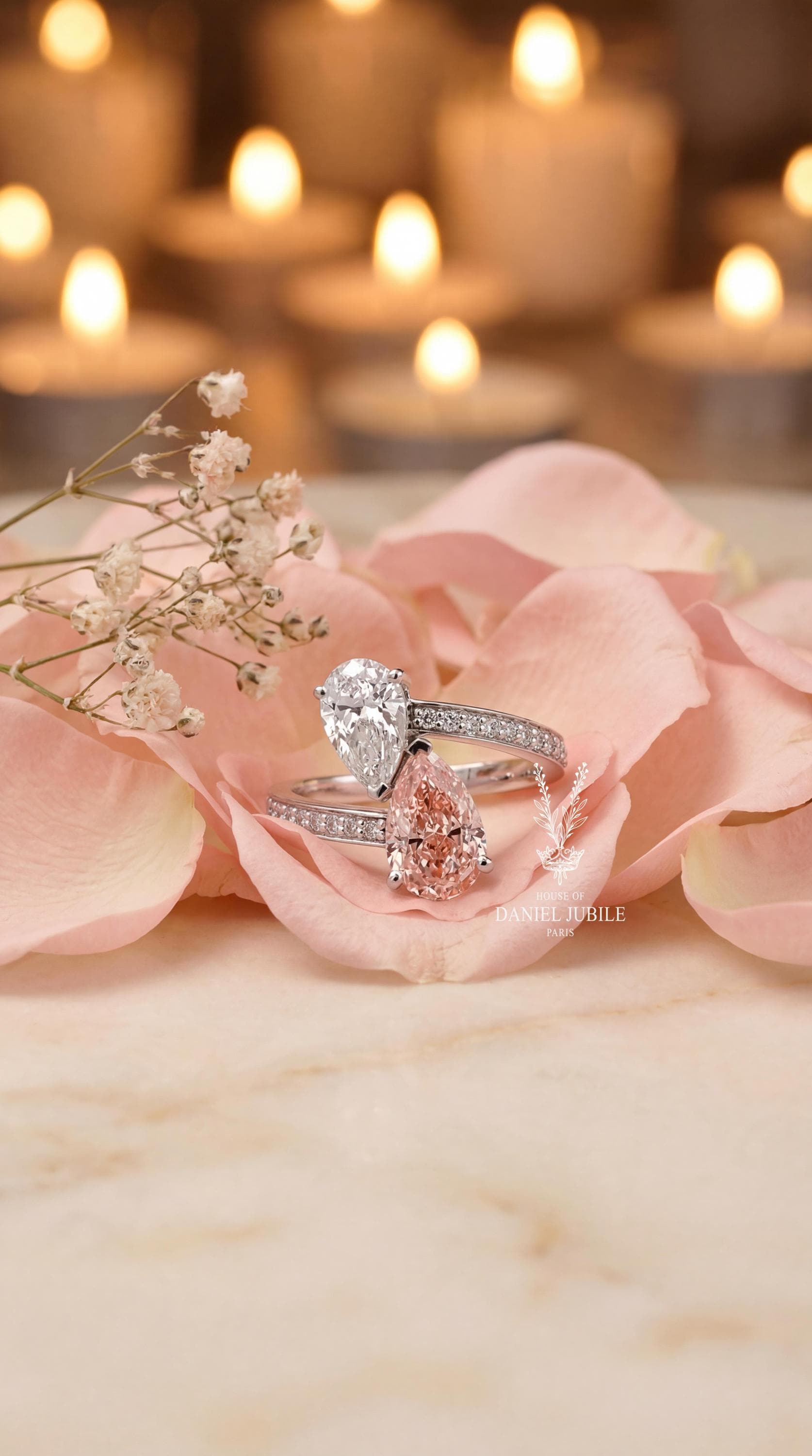 Pear Cut Toi et Moi Diamond Ring – 14k Gold Pink & White