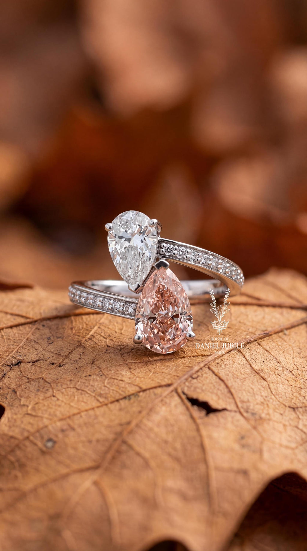 Pear Cut Toi et Moi Diamond Ring – 14k Gold Pink & White