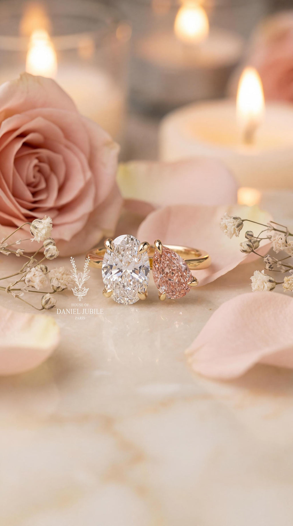 Toi et Moi Diamond Ring – Oval & Pink Pear, 14k Gold Engagement Ring, 3.5 Carat Weight
