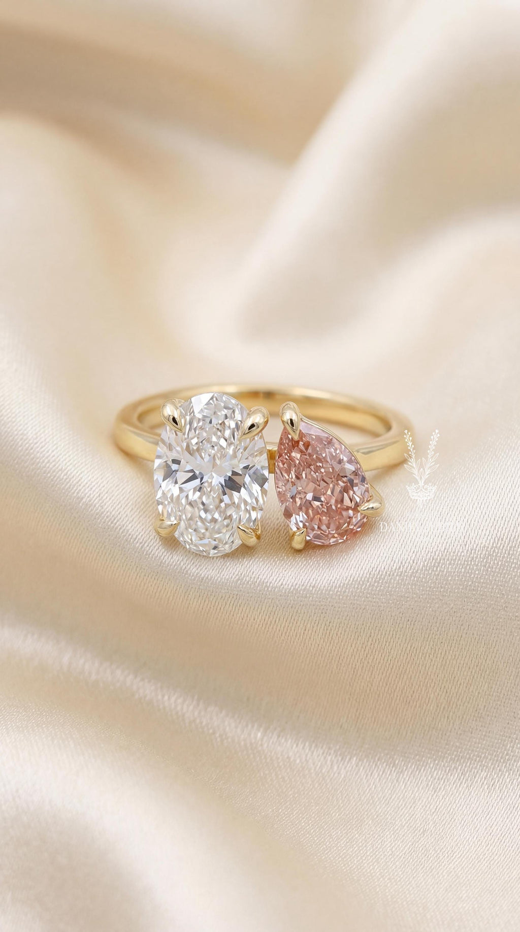 Toi et Moi Diamond Ring – Oval & Pink Pear, 14k Gold Engagement Ring, 3.5 Carat Weight
