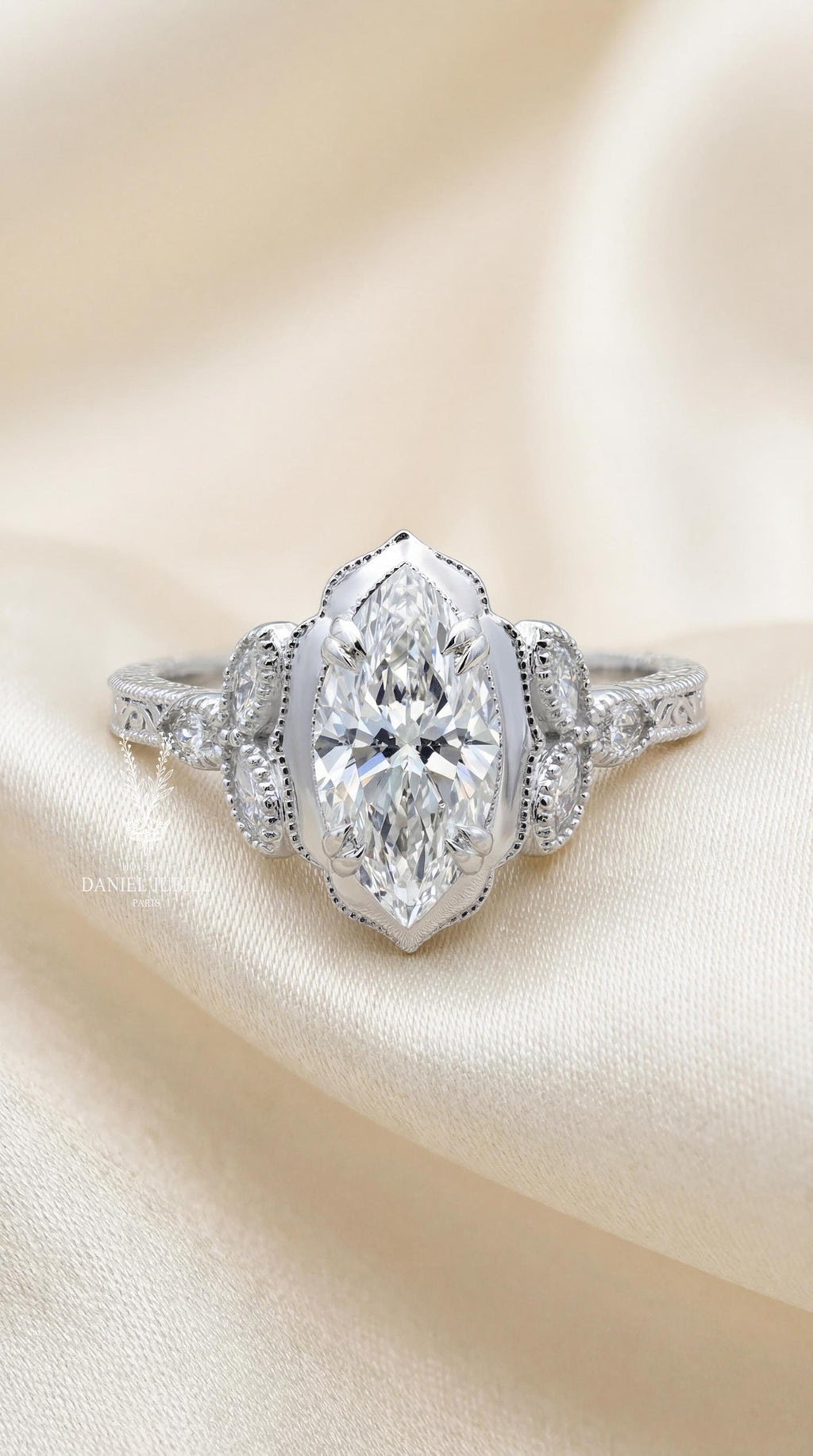 Marquise Cut Lab Art Deco Diamond Ring - 14k White Gold Engagement Jewelry