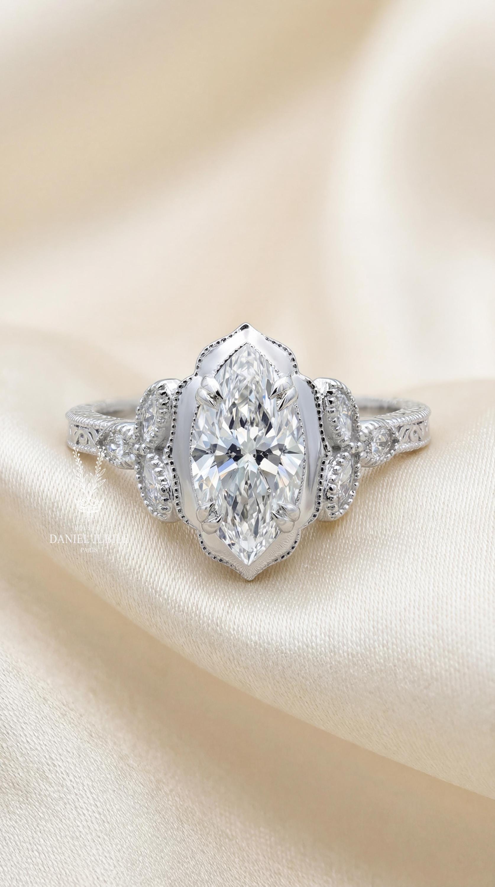Marquise Cut Lab Art Deco Diamond Ring - 14k White Gold Engagement Jewelry