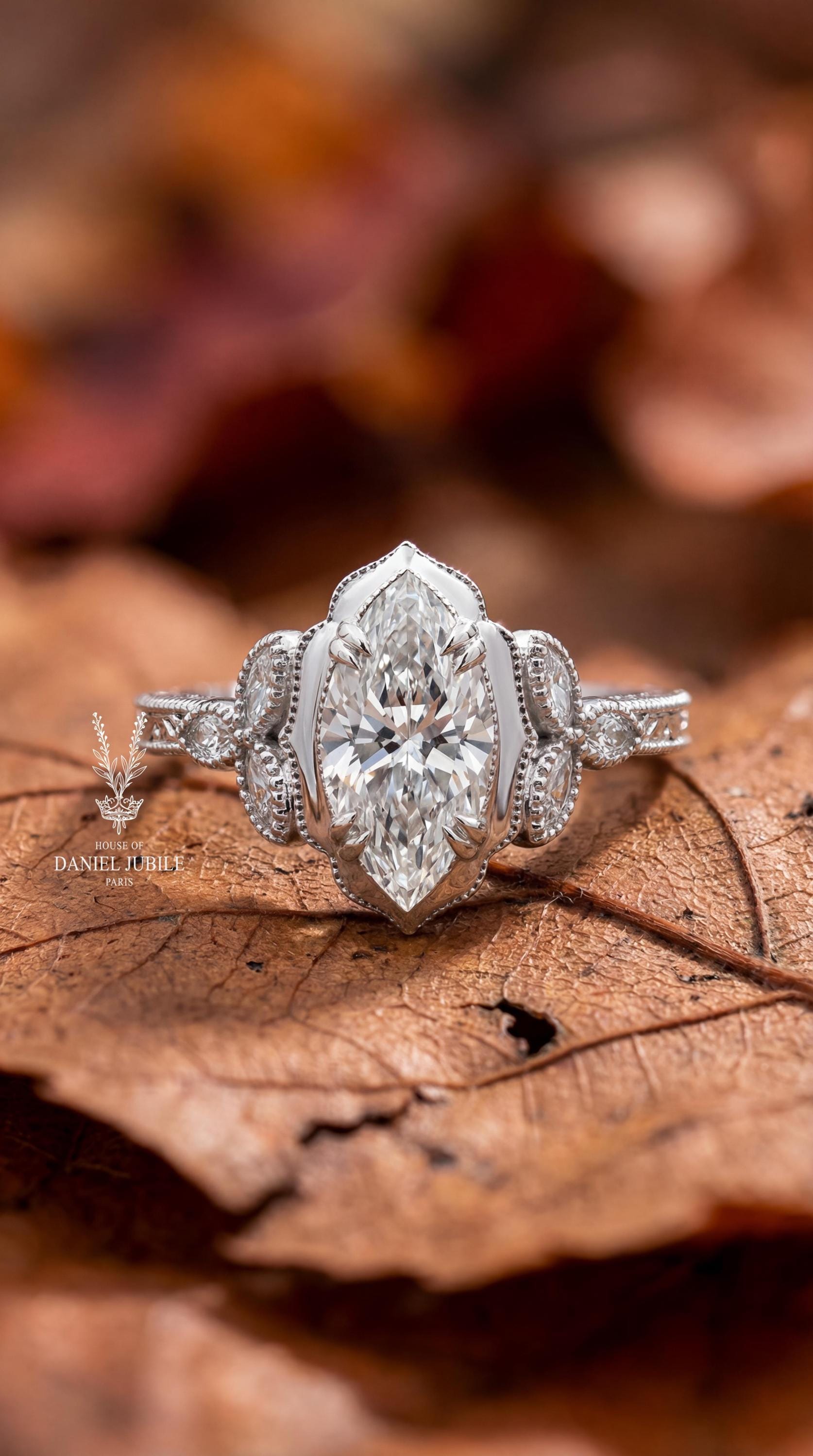 Marquise Cut Lab Art Deco Diamond Ring - 14k White Gold Engagement Jewelry