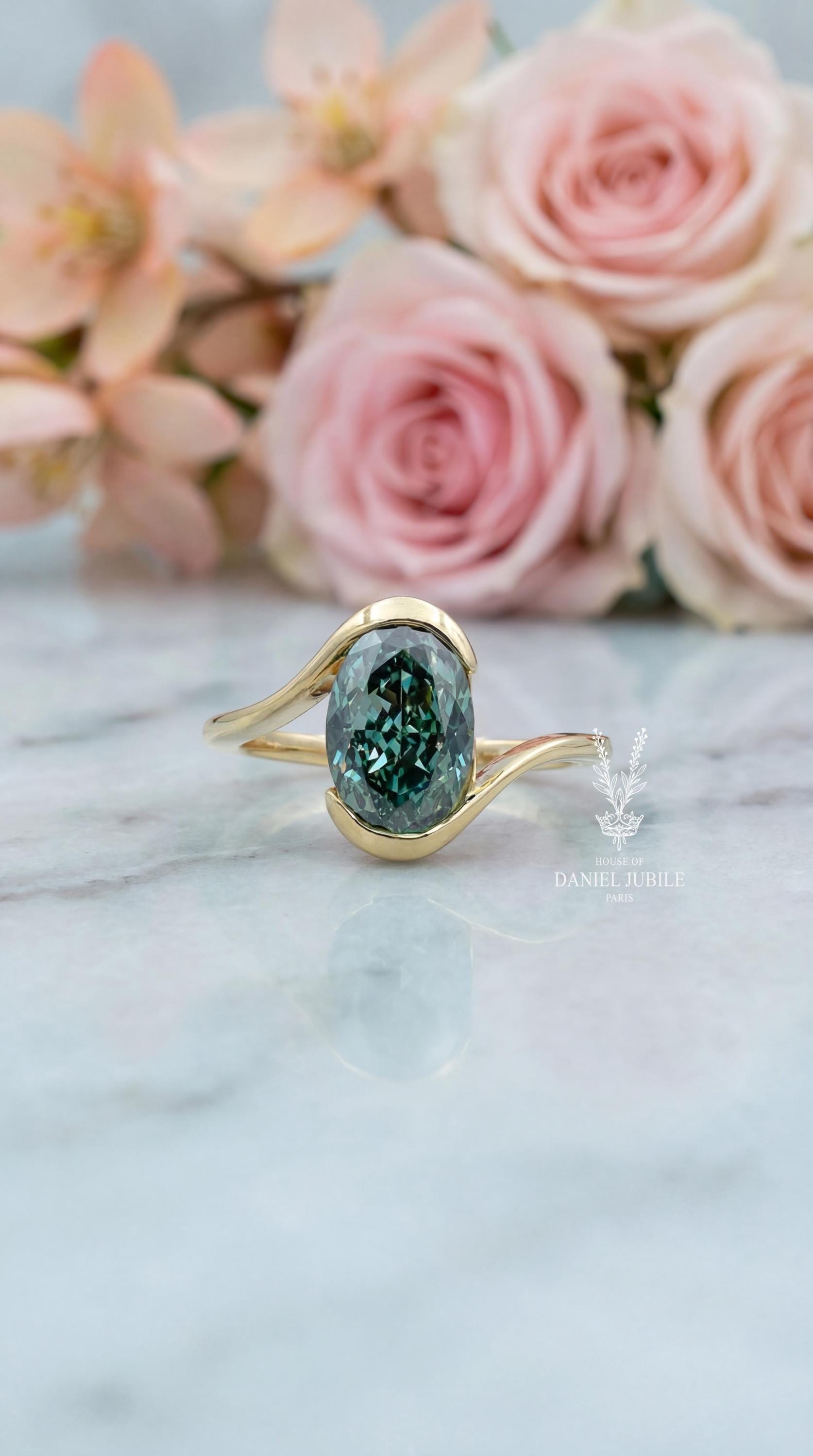 Teal Blue Lab Diamond Ring – 2 Carat Oval Gold Bypass Anniversary Ring