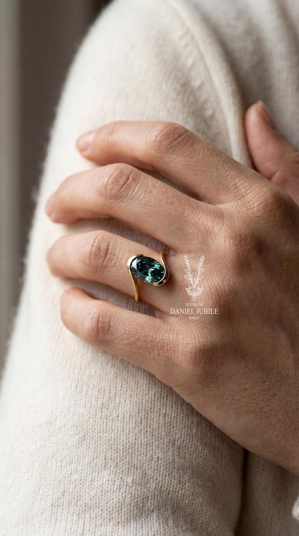 Teal Blue Lab Diamond Ring – 2 Carat Oval Gold Bypass Anniversary Ring