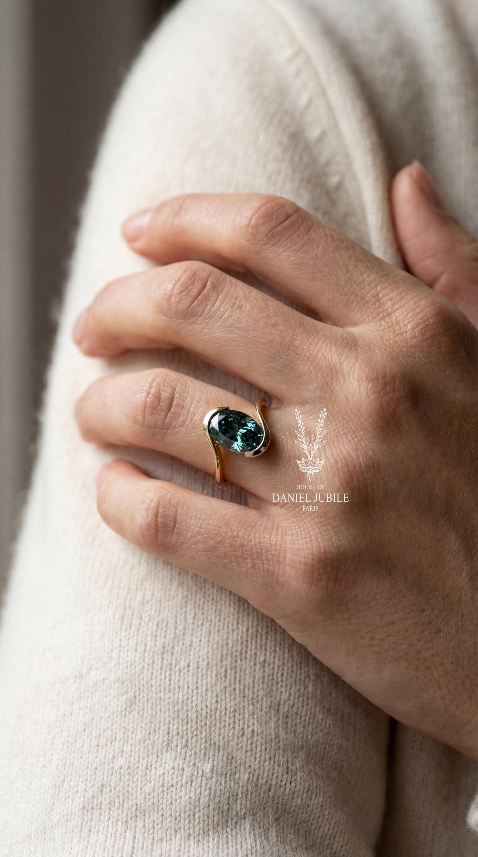 Teal Blue Lab Diamond Ring – 2 Carat Oval Gold Bypass Anniversary Ring