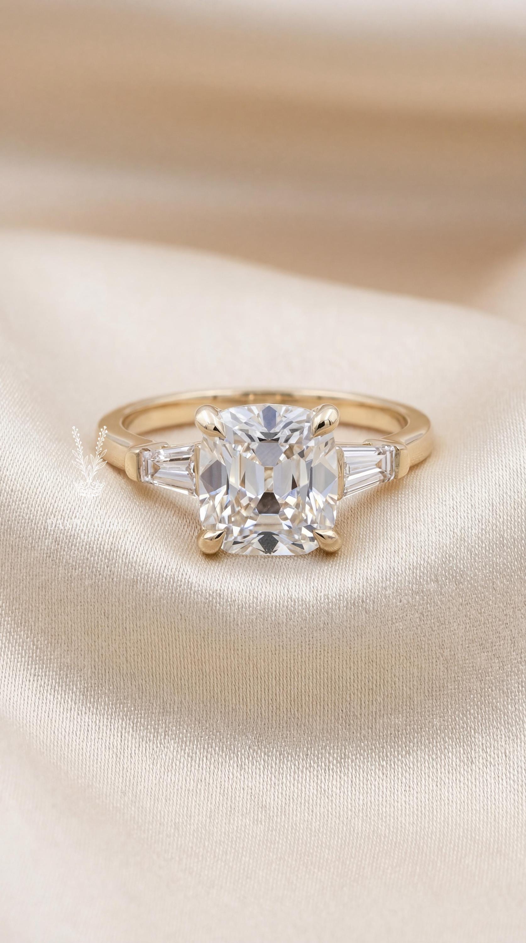 Art Deco 2ct Cushion Cut Lab Diamond Ring – Three Stone Engagement