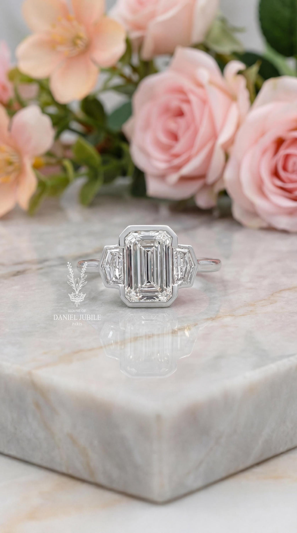 Emerald Cut Lab Diamond Engagement Ring – Platinum Bezel Set Trilogy