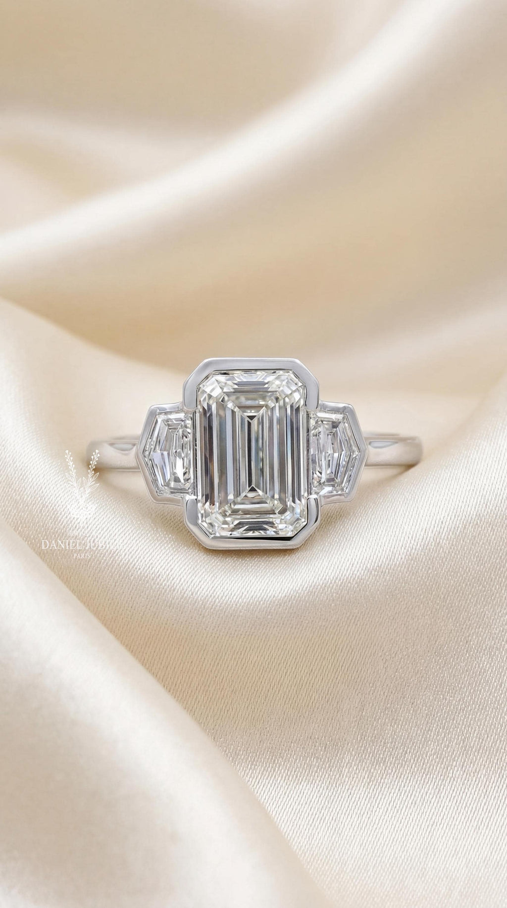 Emerald Cut Lab Diamond Engagement Ring – Platinum Bezel Set Trilogy