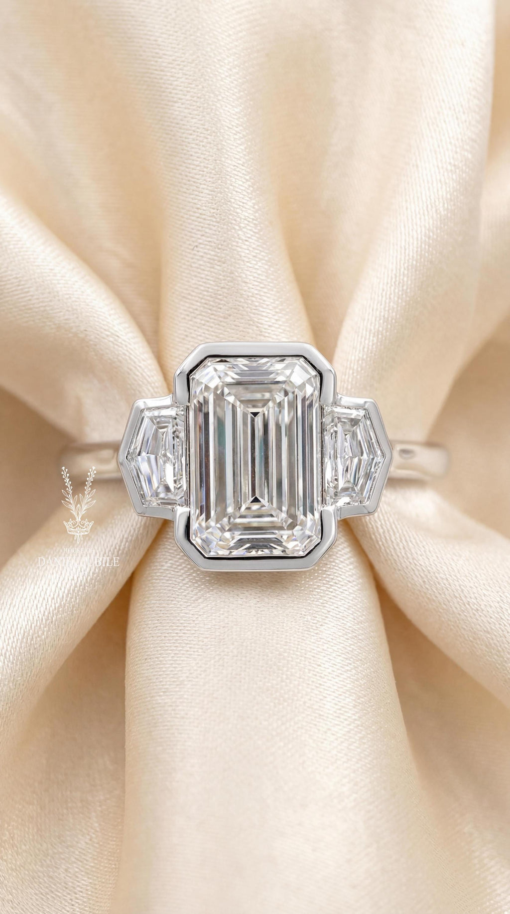 Emerald Cut Lab Diamond Engagement Ring – Platinum Bezel Set Trilogy