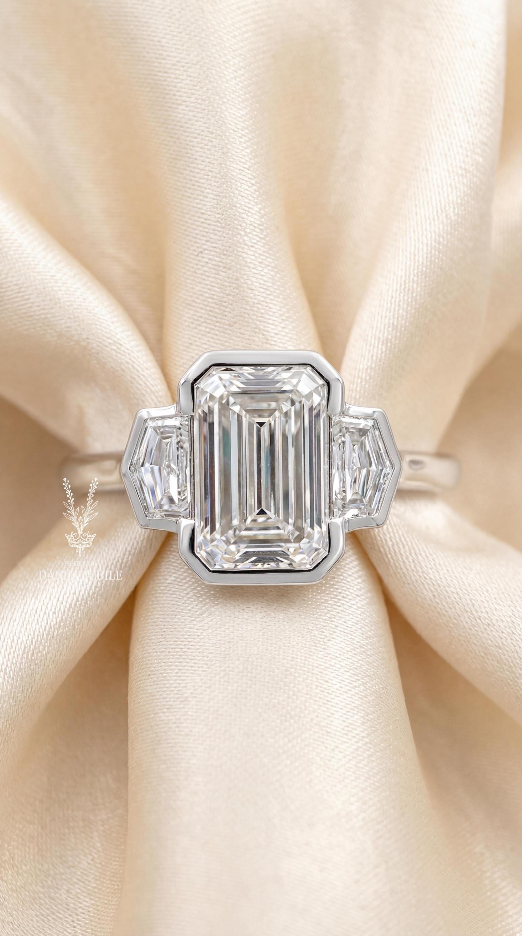 Emerald Cut Lab Diamond Engagement Ring – Platinum Bezel Set Trilogy