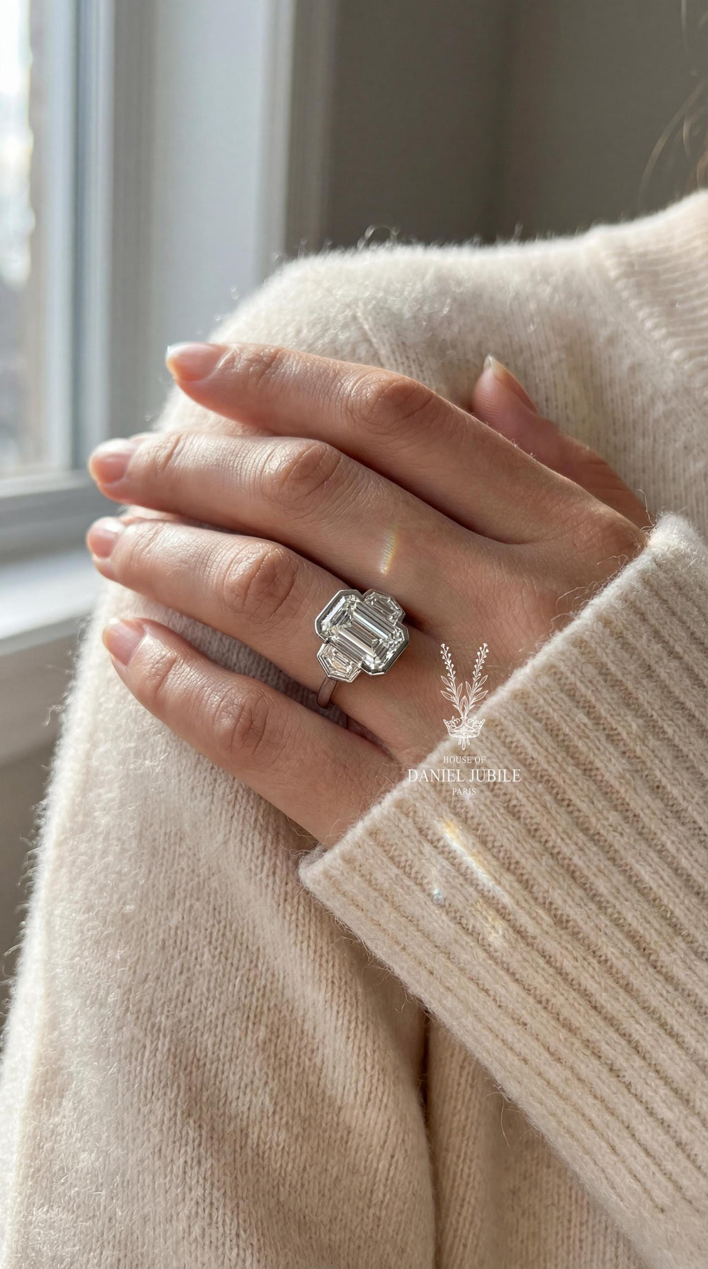 Emerald Cut Lab Diamond Engagement Ring – Platinum Bezel Set Trilogy