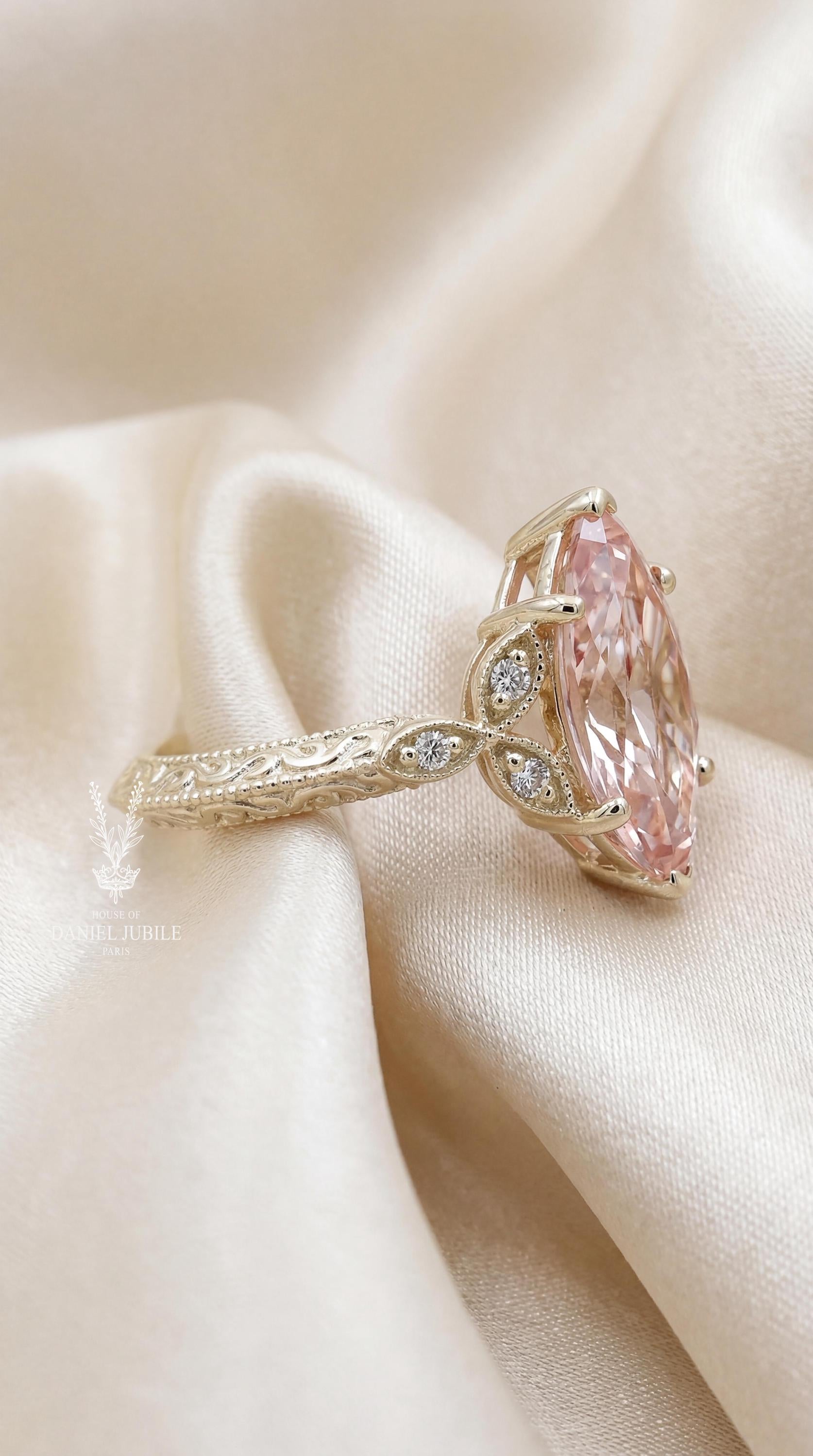 3 Carat Pink Marquise Diamond Ring – 14k Gold Vintage Floral Engagement