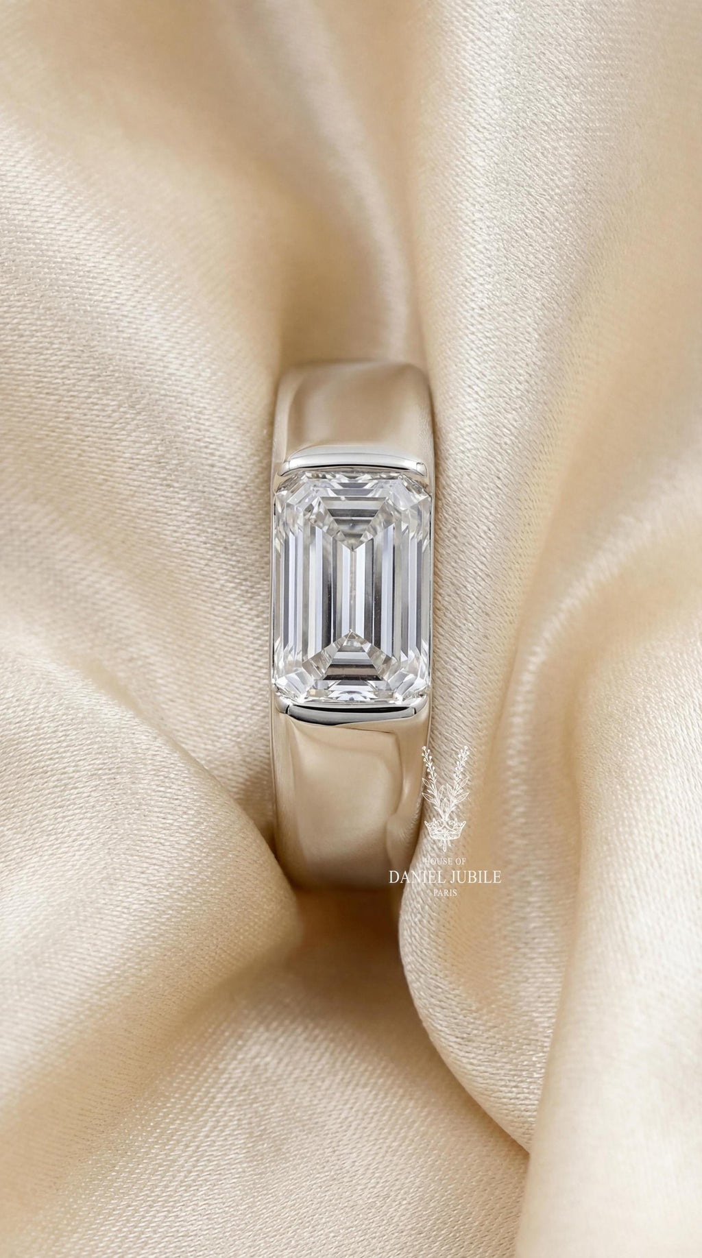 East West Emerald Cut Lab Diamond Ring - 14k Gold Wide Band