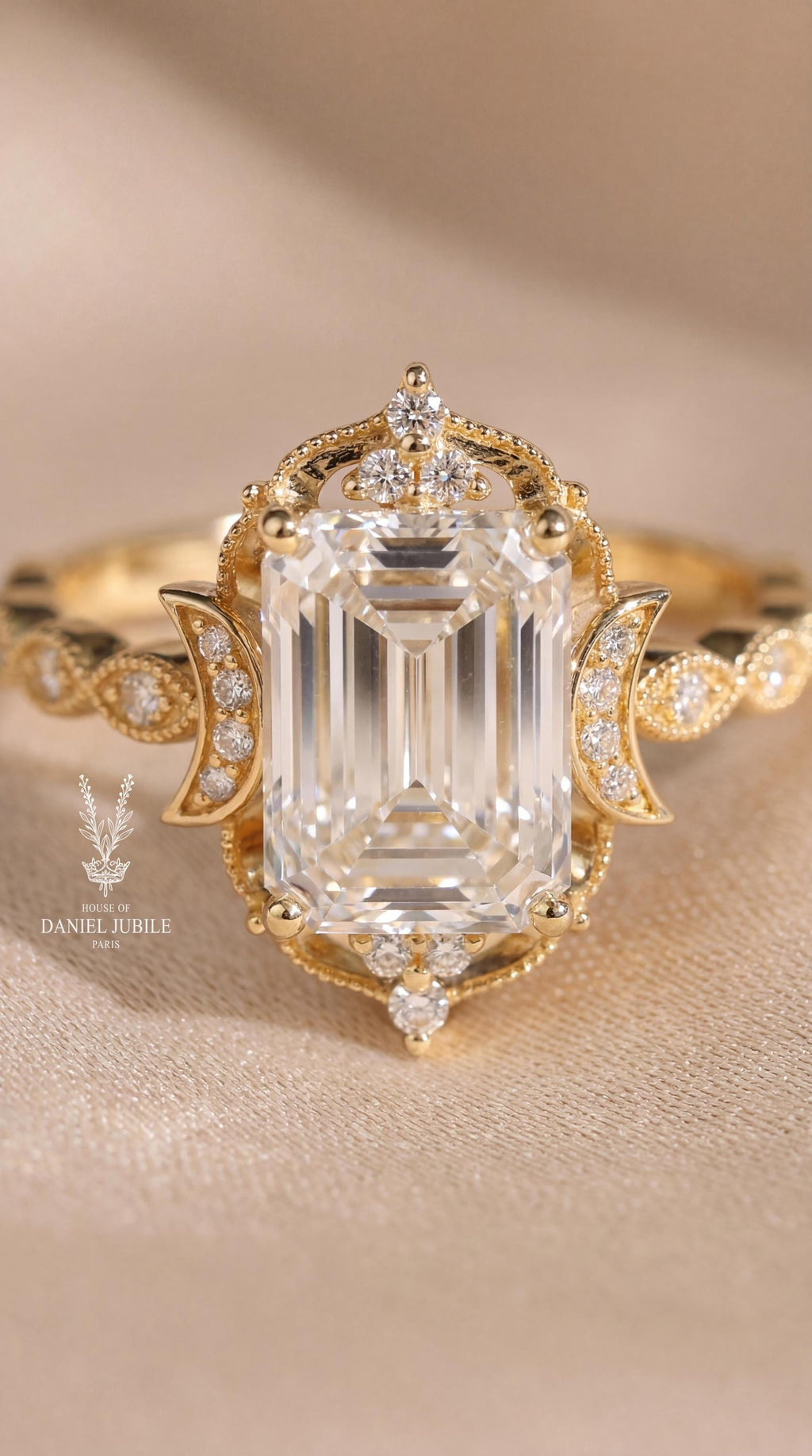 Emerald Cut Lab Grown Diamond Engagement Ring – 14k Yellow Gold, Celestial Art Deco