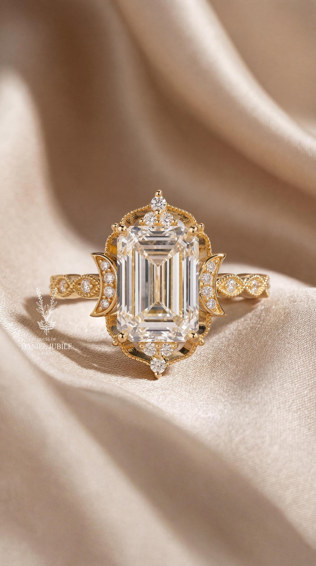Emerald Cut Lab Grown Diamond Engagement Ring – 14k Yellow Gold, Celestial Art Deco