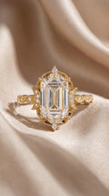 Emerald Cut Lab Grown Diamond Engagement Ring – 14k Yellow Gold, Celestial Art Deco