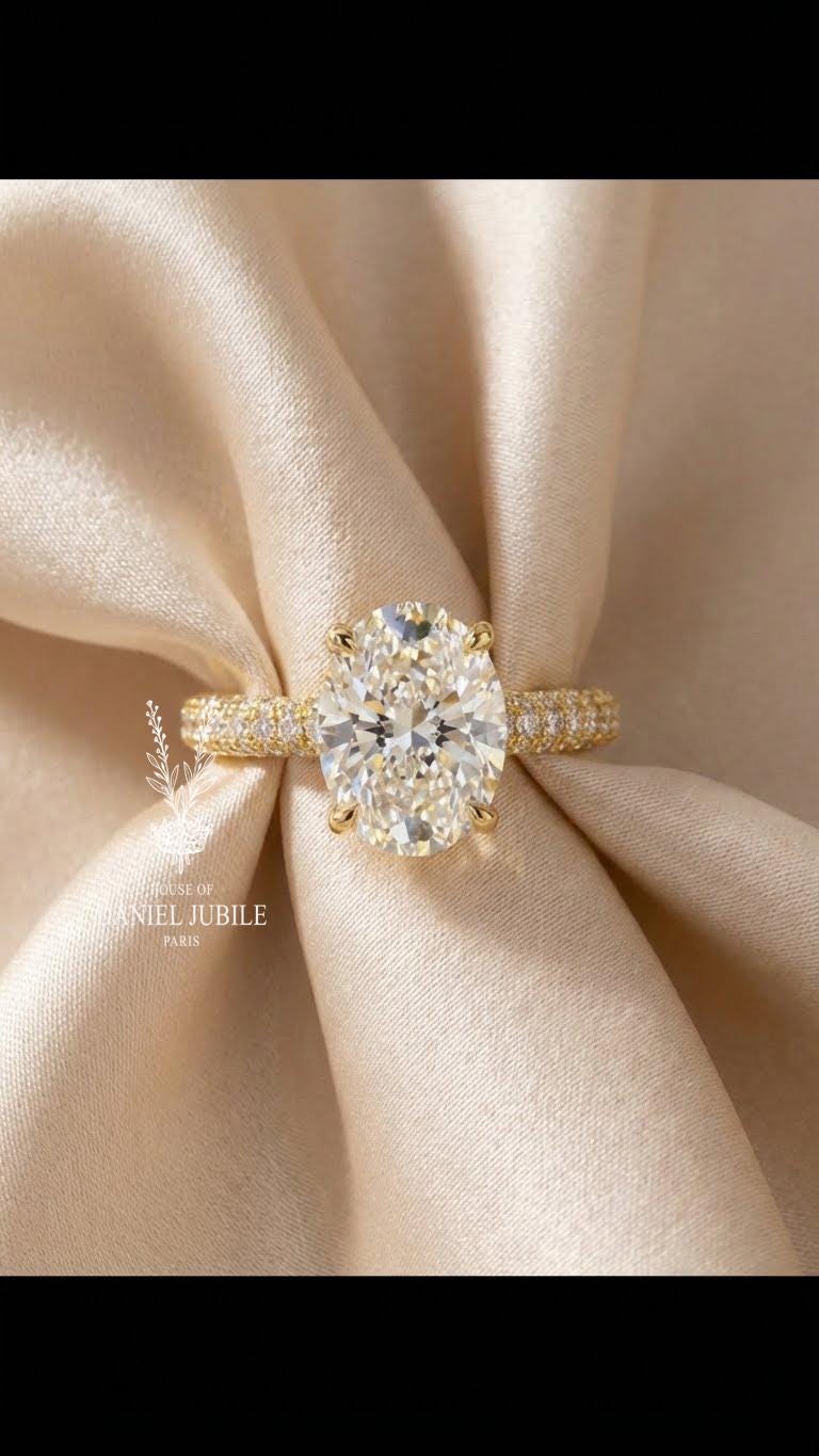 4ct Oval Lab Diamond Engagement Ring – 14k Gold Hidden Halo Pavé Band