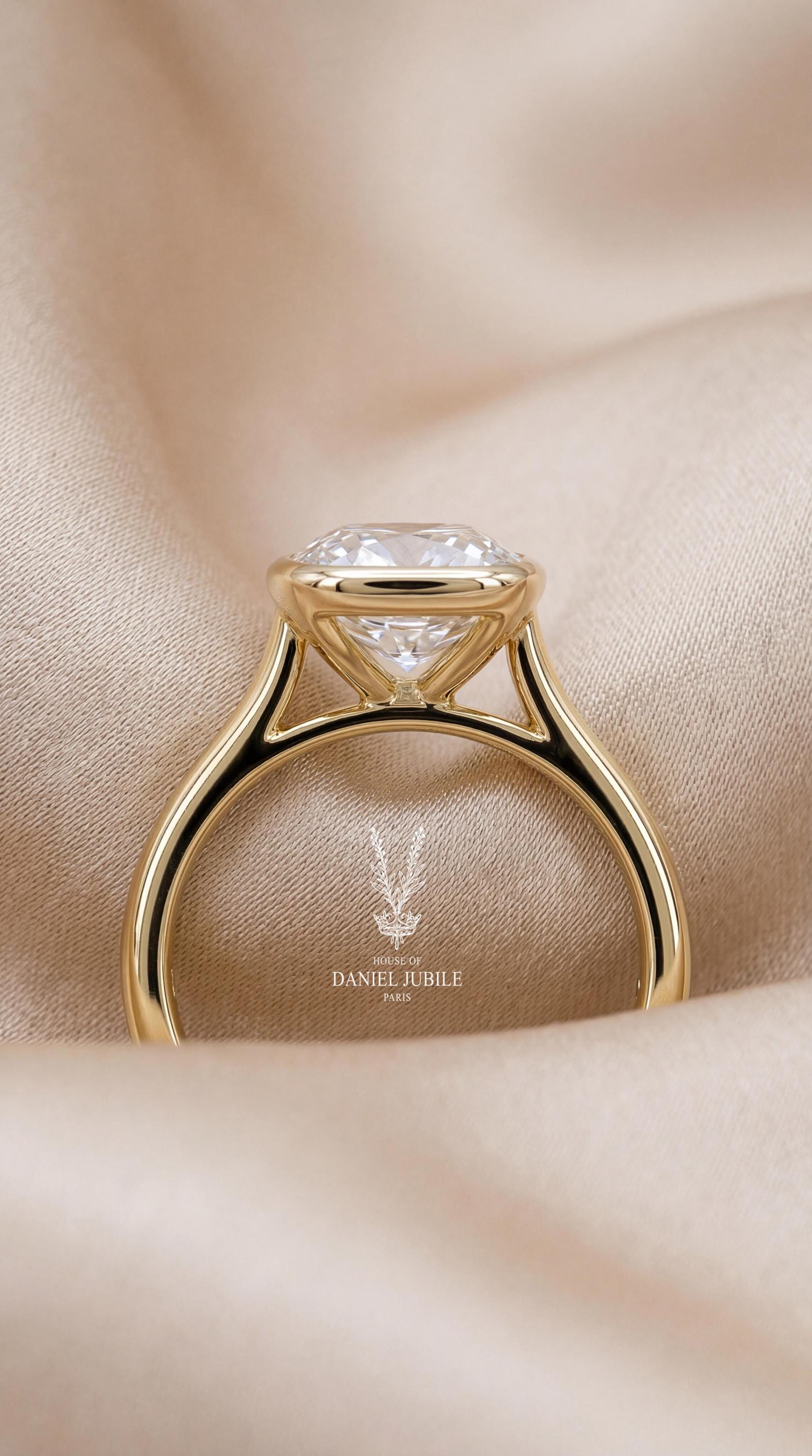 4ct Lab Grown Diamond Engagement Ring, 14k Gold Bezel Solitaire