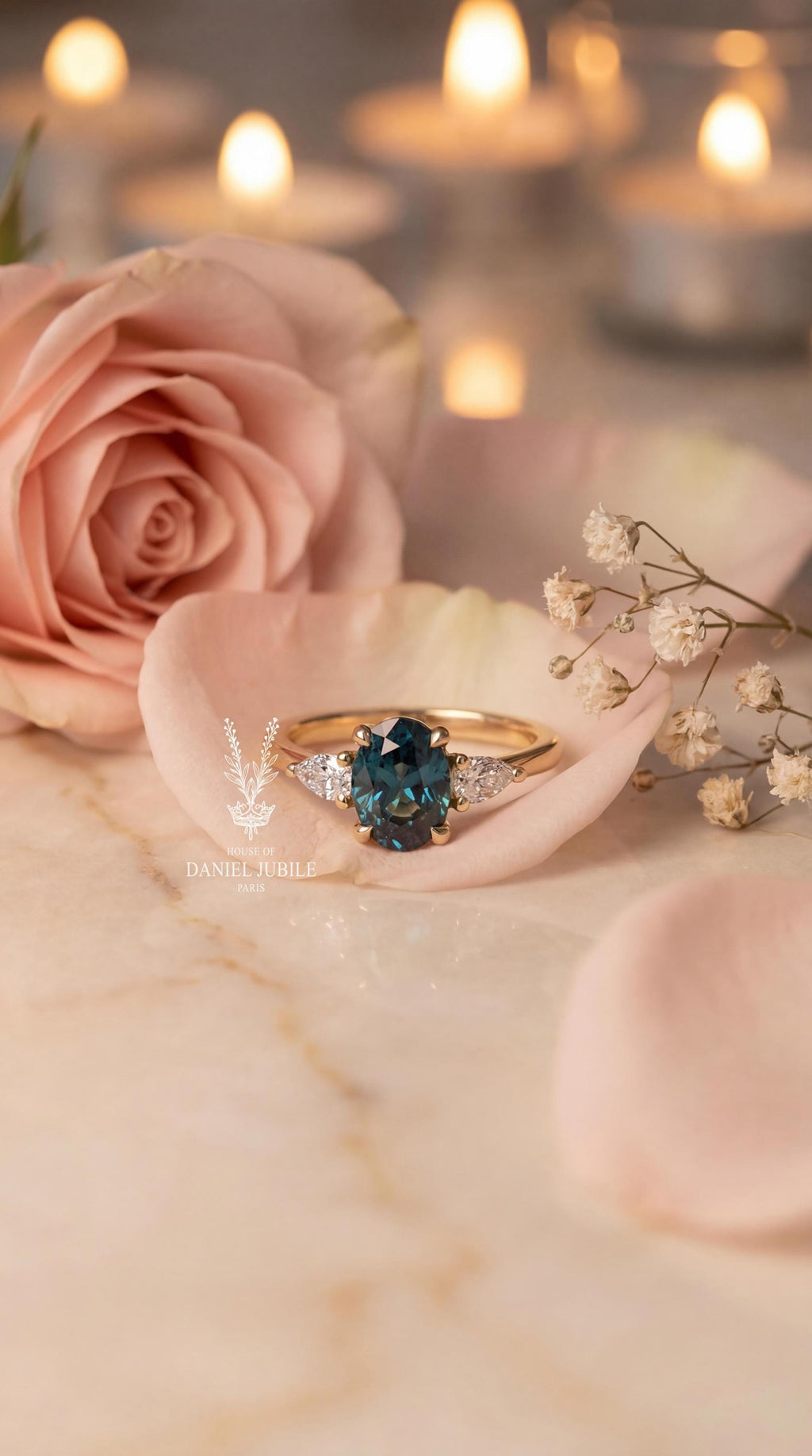 Teal Lab Diamond Trilogy Ring – Oval 14k Gold Engagement Ring