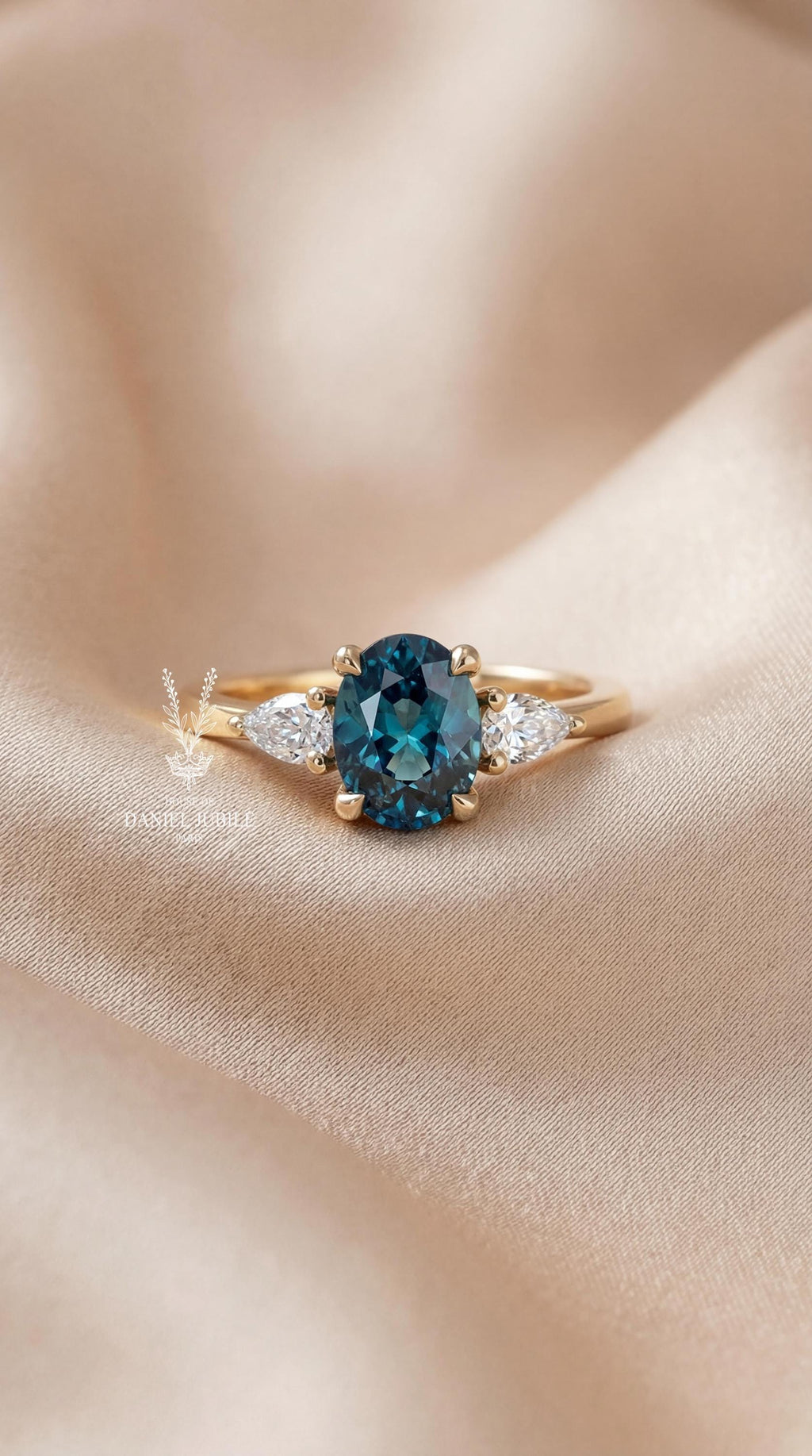 Teal Lab Diamond Trilogy Ring – Oval 14k Gold Engagement Ring