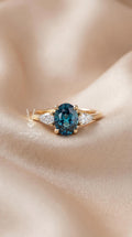 Teal Lab Diamond Trilogy Ring – Oval 14k Gold Engagement Ring