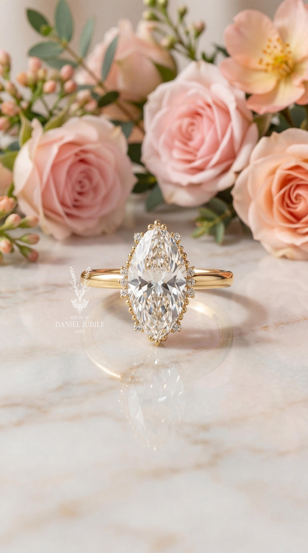 6.20ctw Marquise Cut Lab Diamond Ring – 14k Gold Floral Lotus Halo Engagement Ring