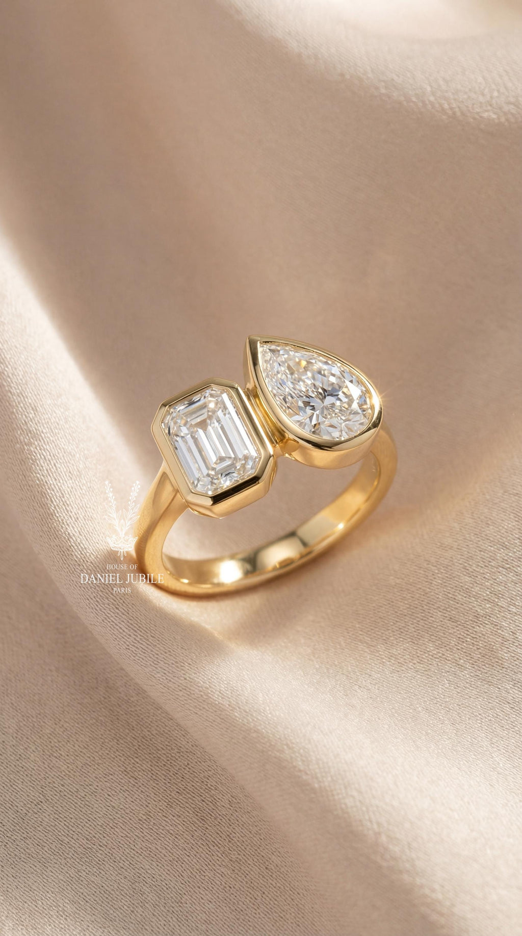 4ctw Toi et Moi Lab Diamond Ring – Emerald & Pear Cut, 14k Gold Bezel Set