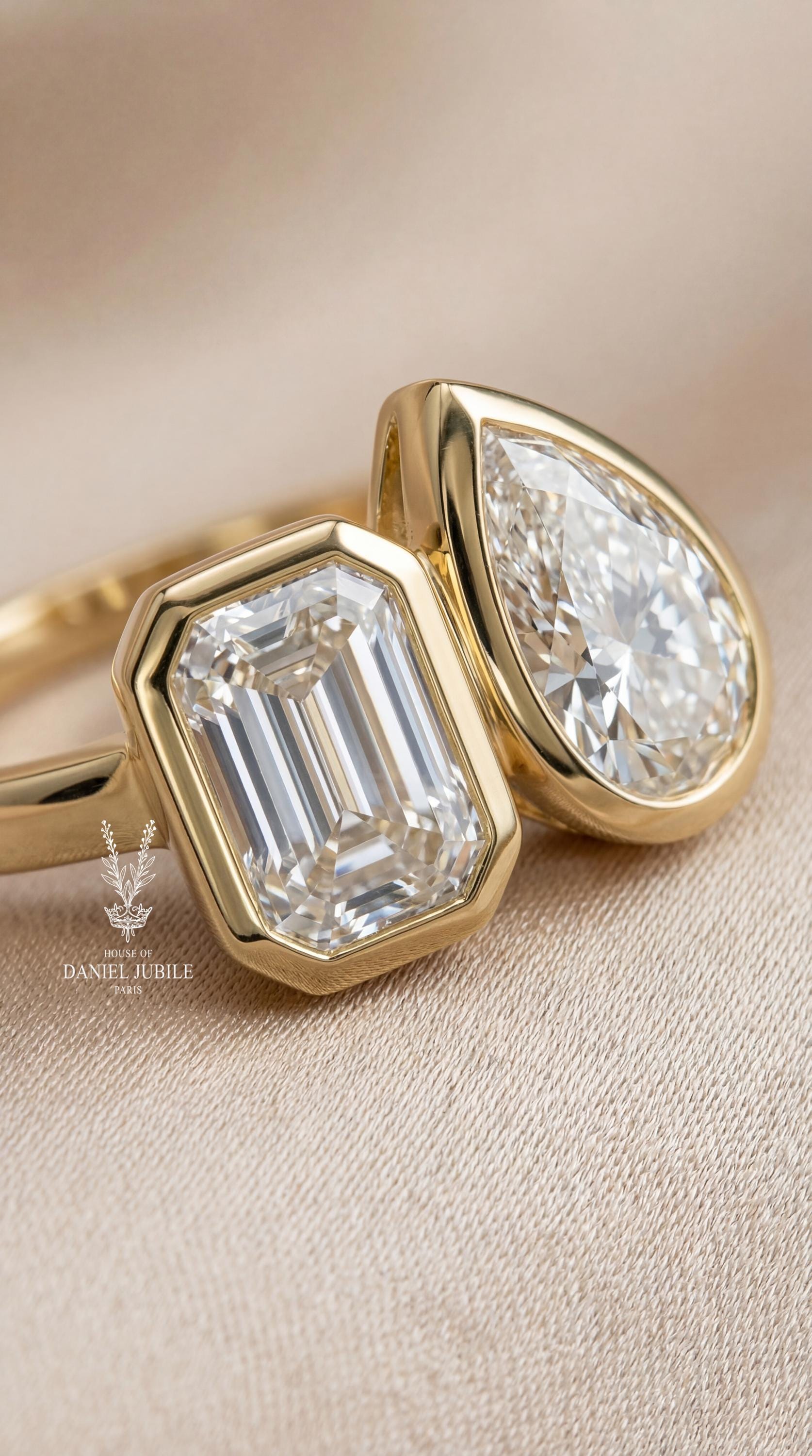 4ctw Toi et Moi Lab Diamond Ring – Emerald & Pear Cut, 14k Gold Bezel Set