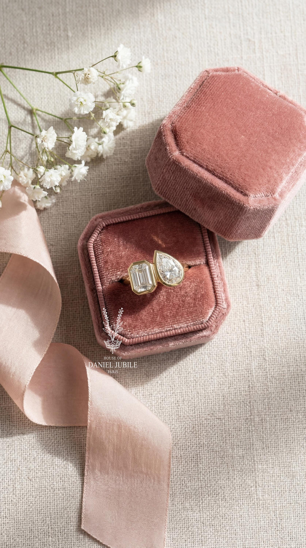 4ctw Toi et Moi Lab Diamond Ring – Emerald & Pear Cut, 14k Gold Bezel Set