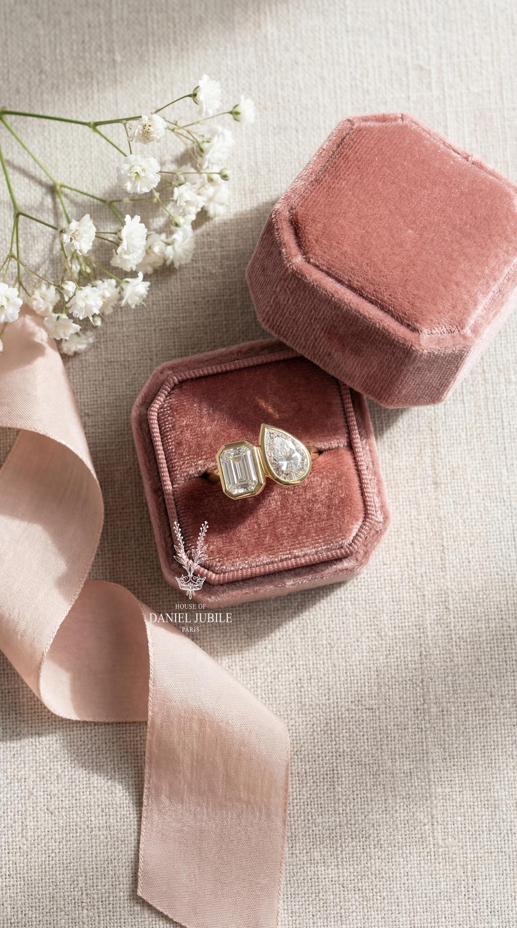 4ctw Toi et Moi Lab Diamond Ring – Emerald & Pear Cut, 14k Gold Bezel Set