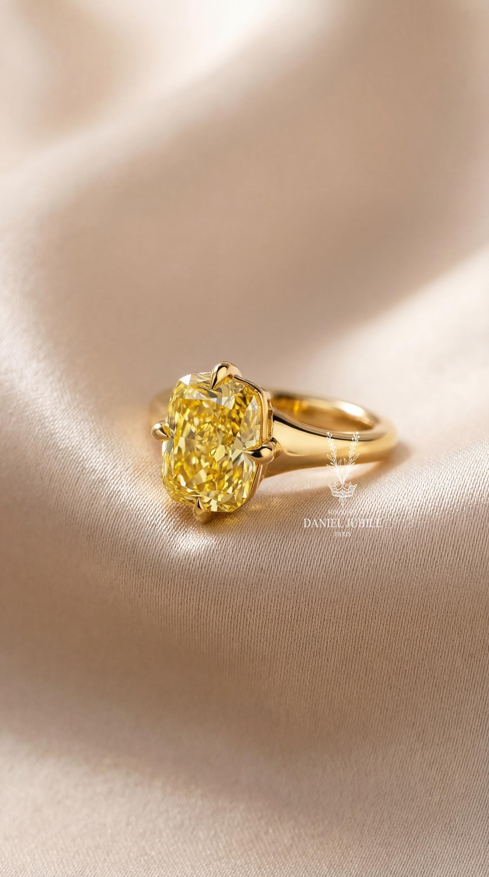 5 Carat Canary Yellow Cushion Lab Diamond Ring – Heavy 14k Gold Solitaire