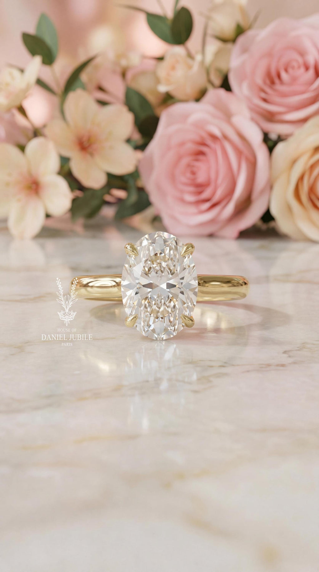 5 Carat Oval Lab Grown Diamond Ring - 14k Yellow Gold Hidden Halo Engagement Ring