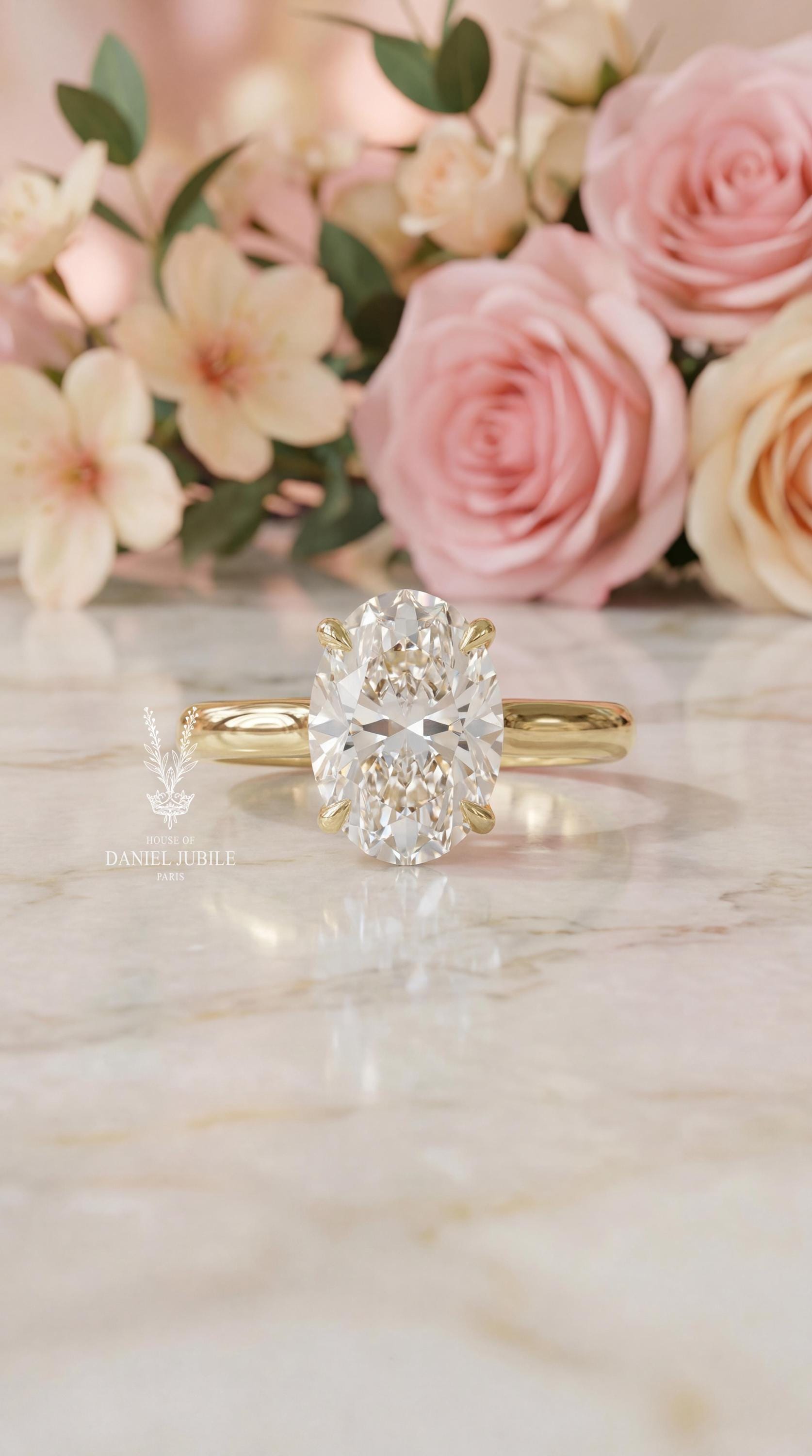 5 Carat Oval Lab Grown Diamond Ring - 14k Yellow Gold Hidden Halo Engagement Ring
