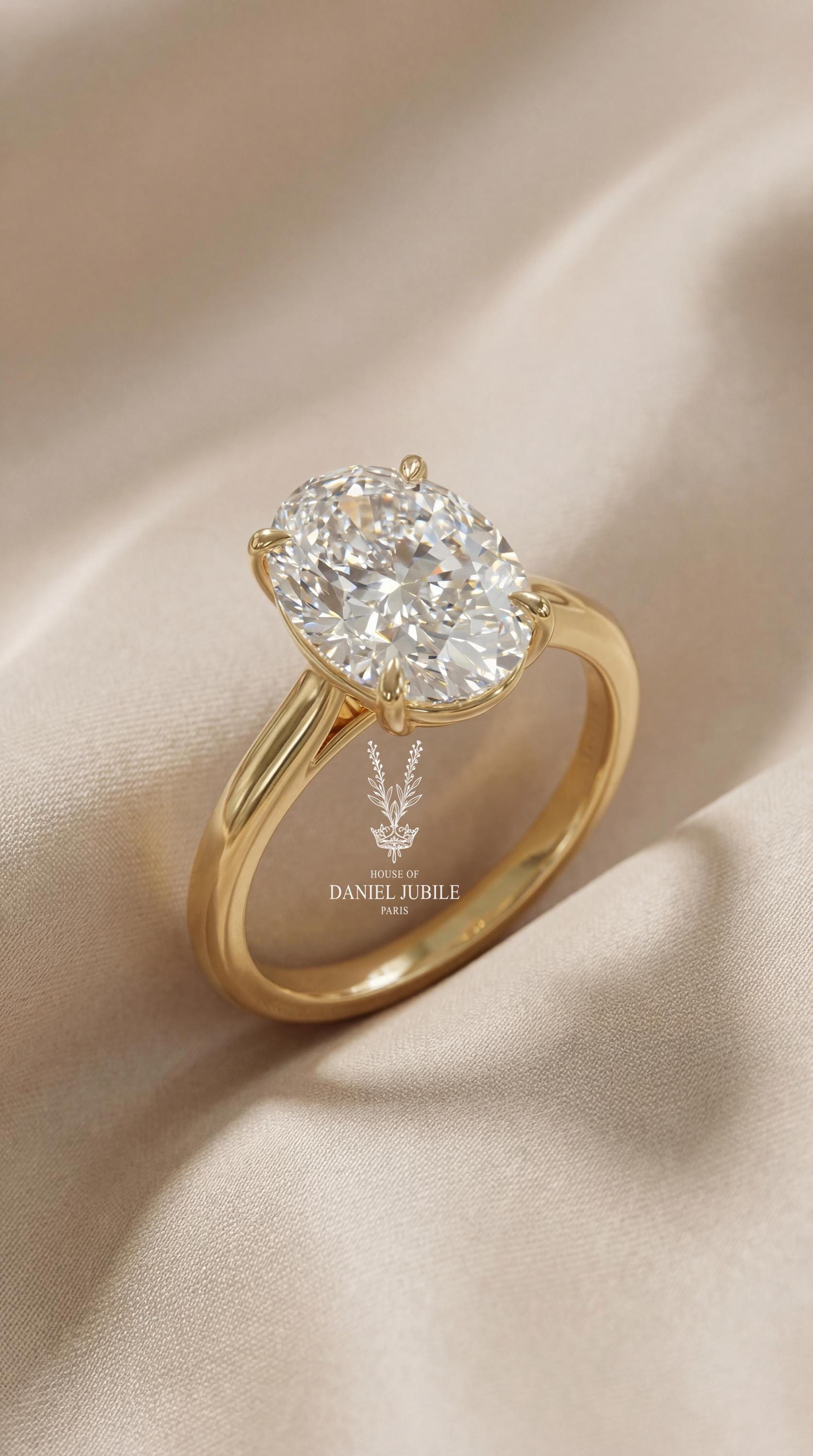 5 Carat Oval Lab Grown Diamond Ring - 14k Yellow Gold Hidden Halo Engagement Ring