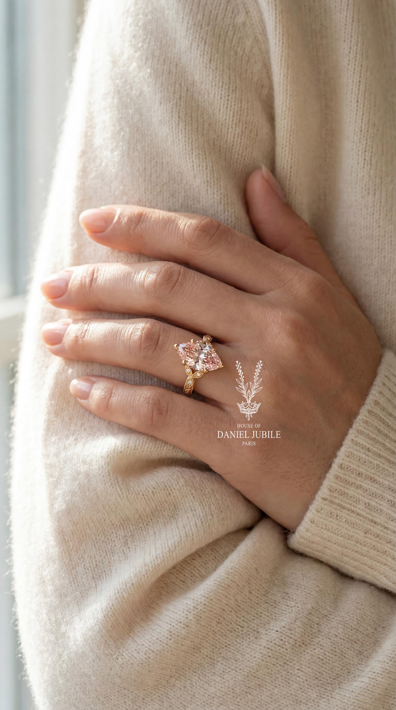 2 Carat Pink Marquise Lab Diamond Ring – Floral 14k Gold Art Deco Engagement