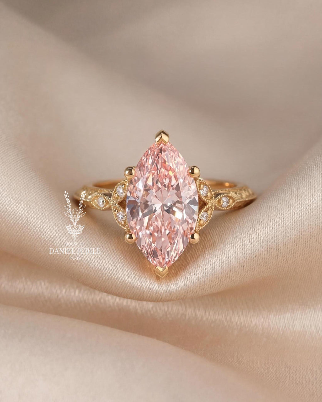 2 Carat Pink Marquise Lab Diamond Ring – Floral 14k Gold Art Deco Engagement