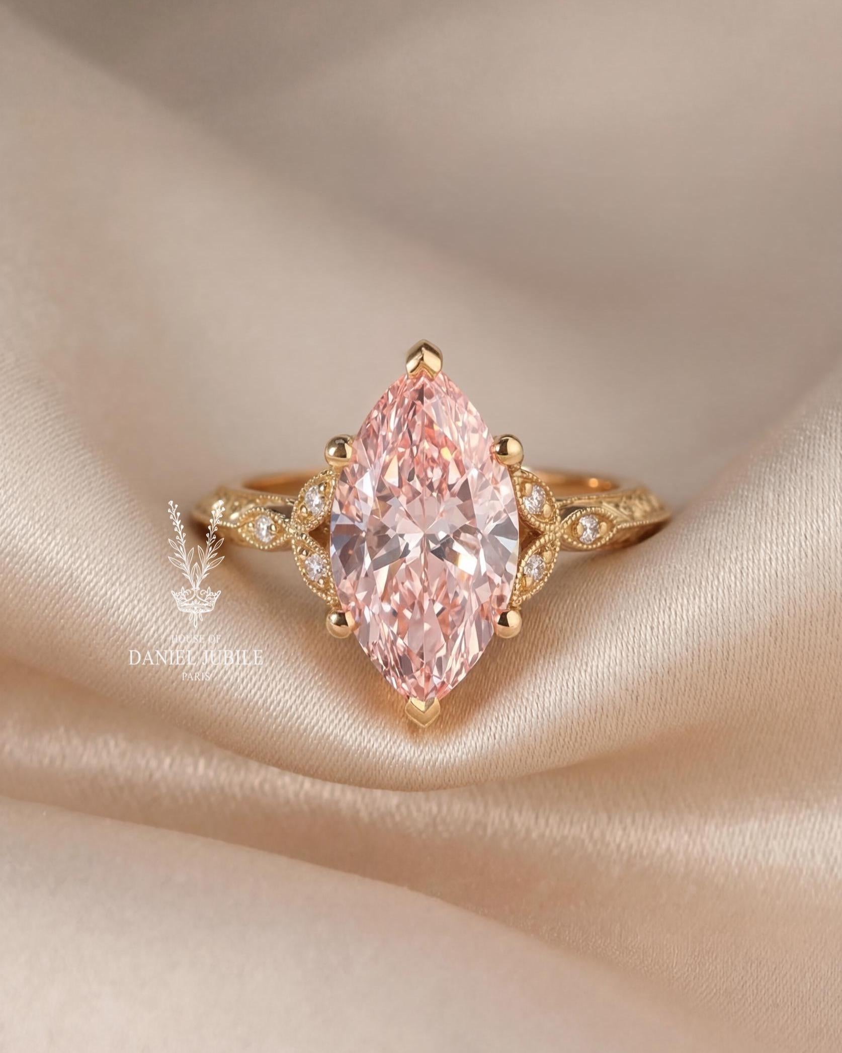 2 Carat Pink Marquise Lab Diamond Ring – Floral 14k Gold Art Deco Engagement