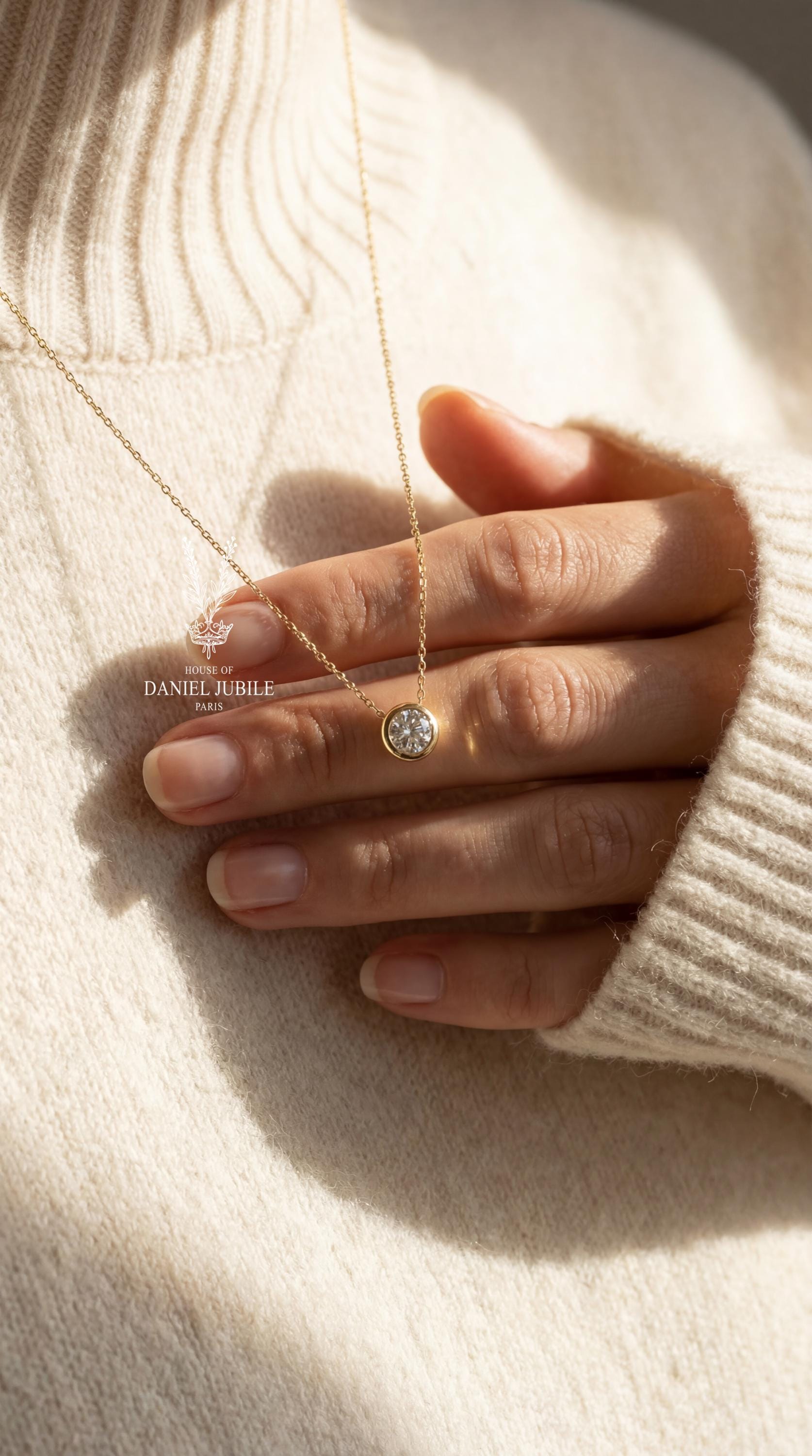 1ct Lab Diamond Bezel Pendant Necklace - 14k Gold Solitaire