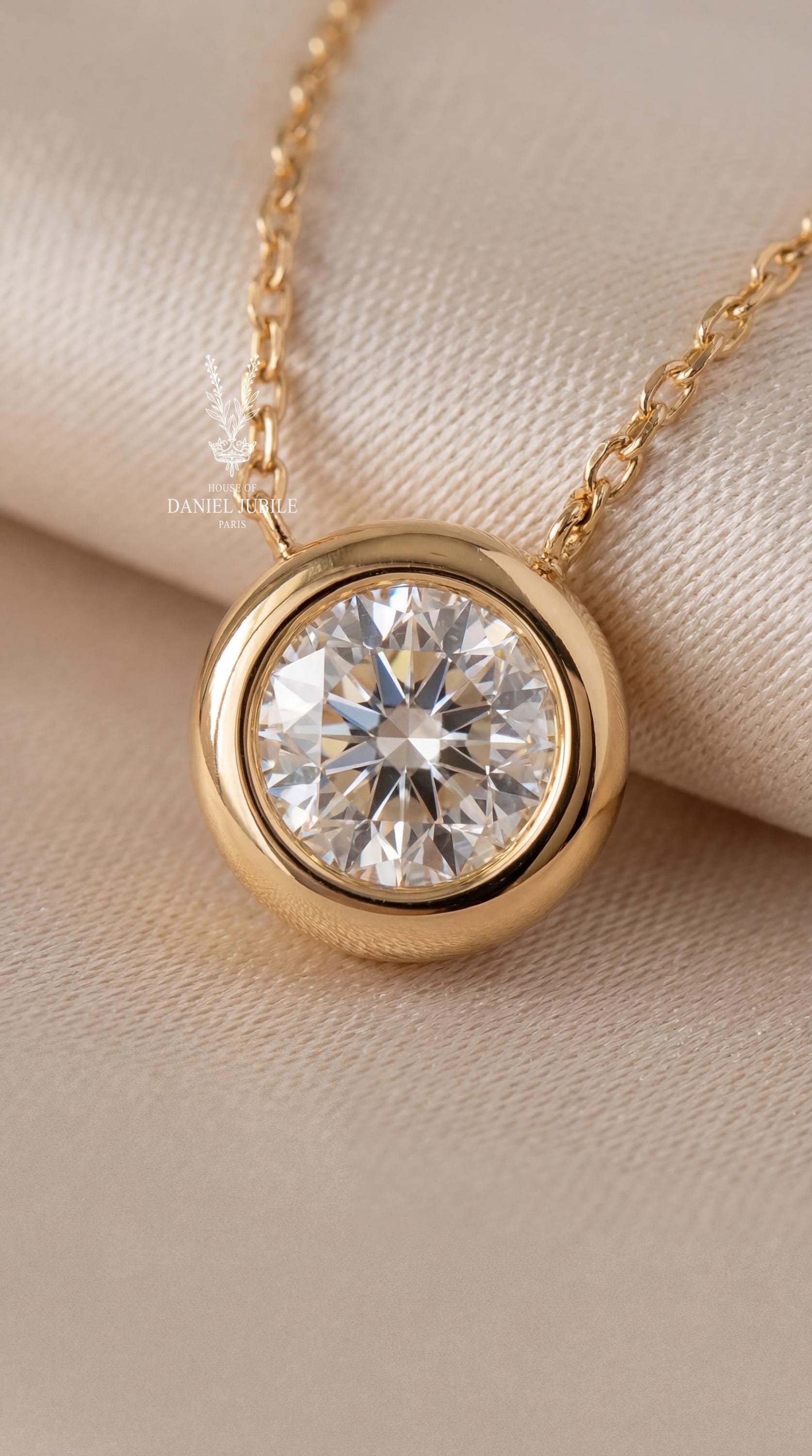 1ct Lab Diamond Bezel Pendant Necklace - 14k Gold Solitaire