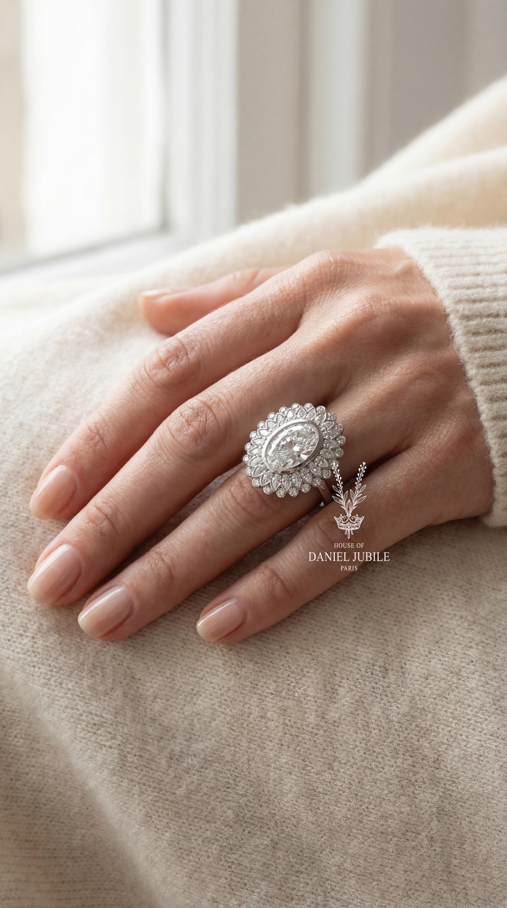 Oval Lab Diamond Sunburst Ring – 5 Total Carat Weight, 14k Gold Art Deco Engagement Ring