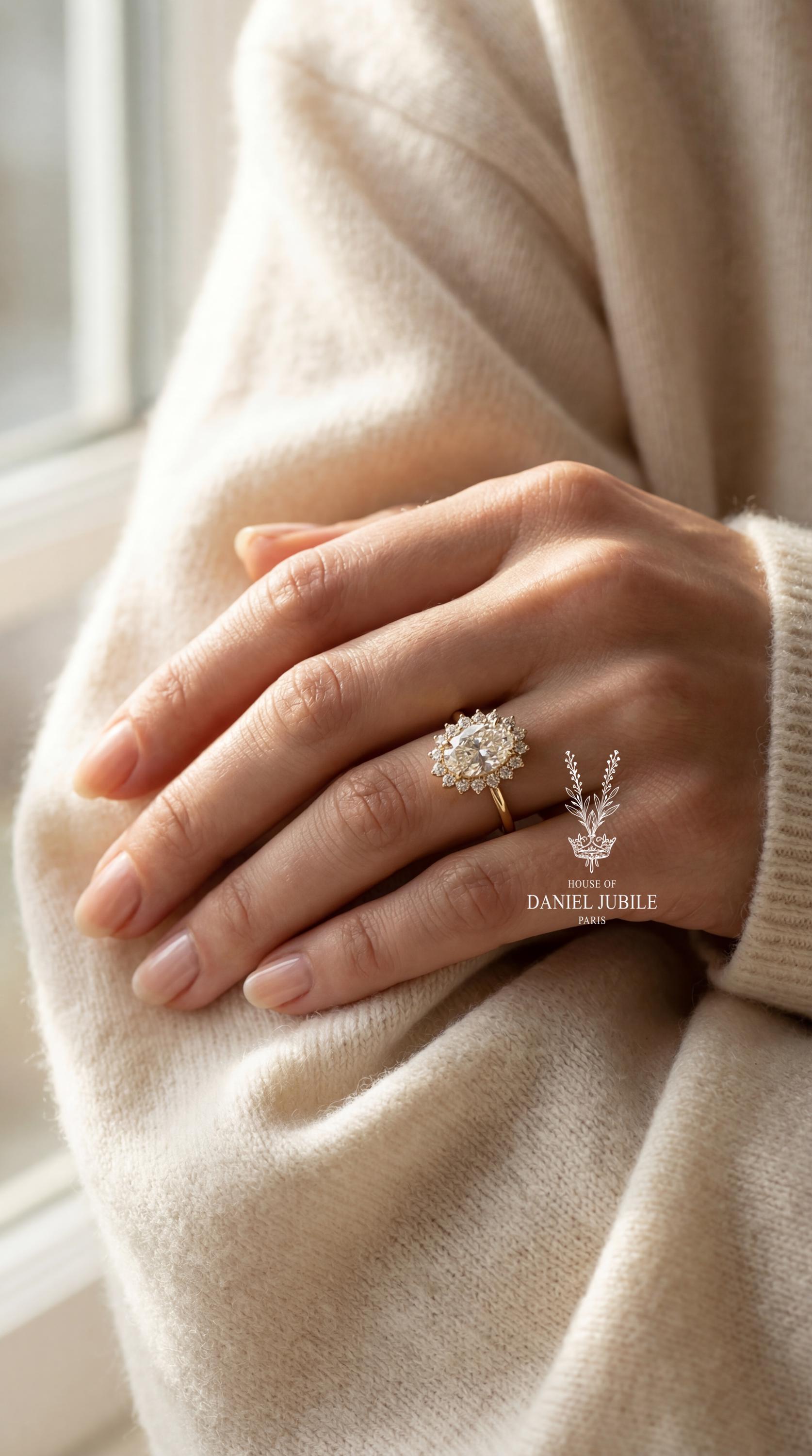 3.60ctw Oval Lab Diamond Sunburst Ring – 14k Gold Art Deco Engagement Gift