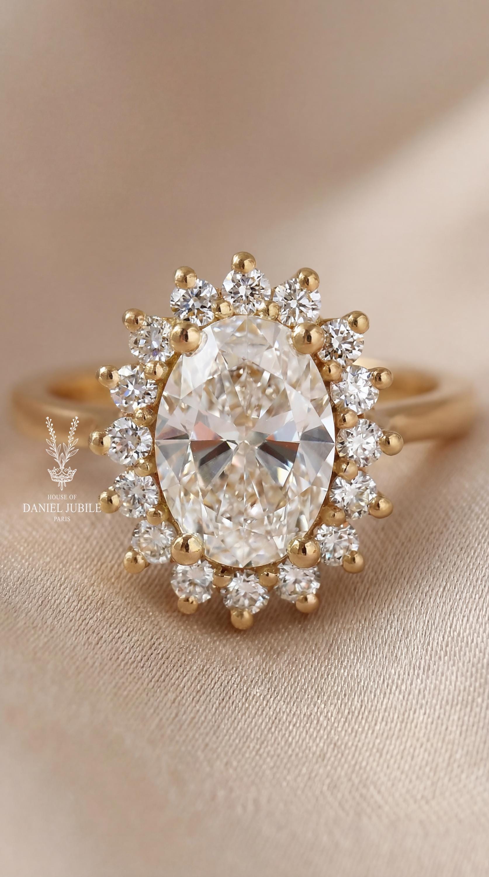 3.60ctw Oval Lab Diamond Sunburst Ring – 14k Gold Art Deco Engagement Gift