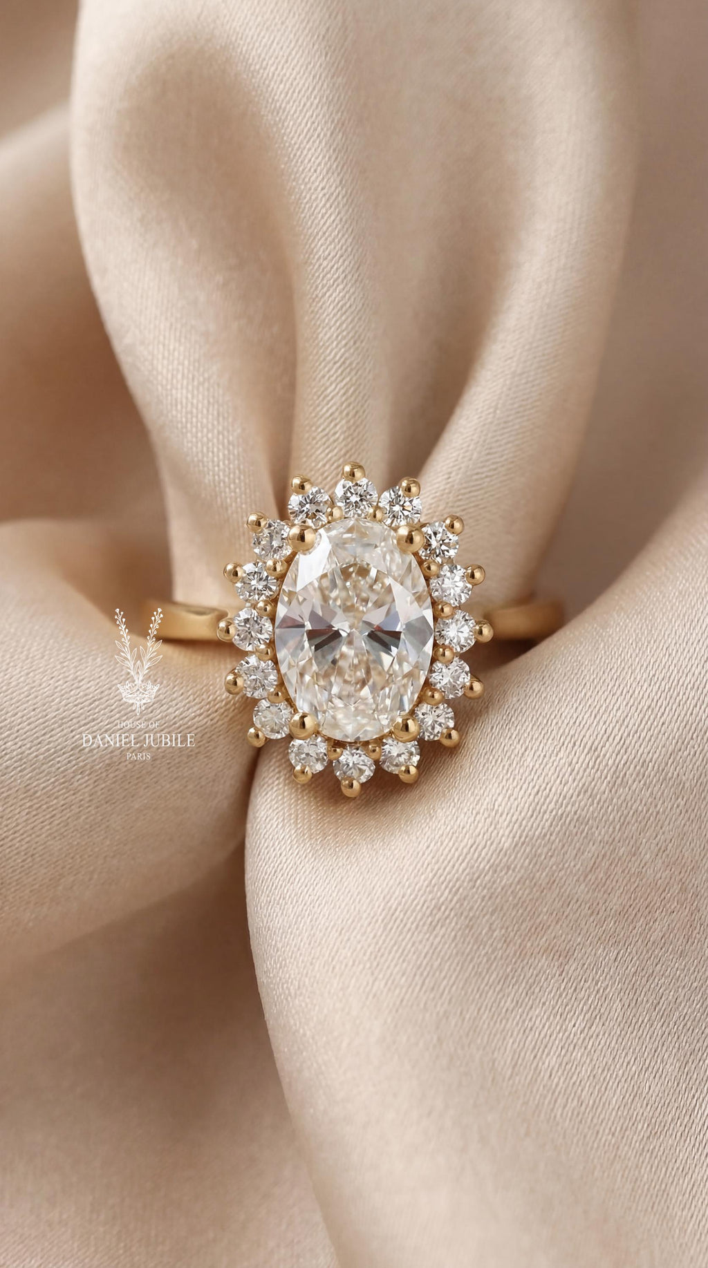 3.60ctw Oval Lab Diamond Sunburst Ring – 14k Gold Art Deco Engagement Gift